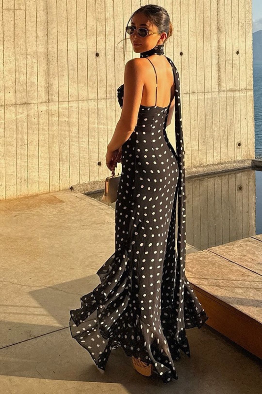 Hottest Polka Dot Scarf-trimmed Dress With Ruffles