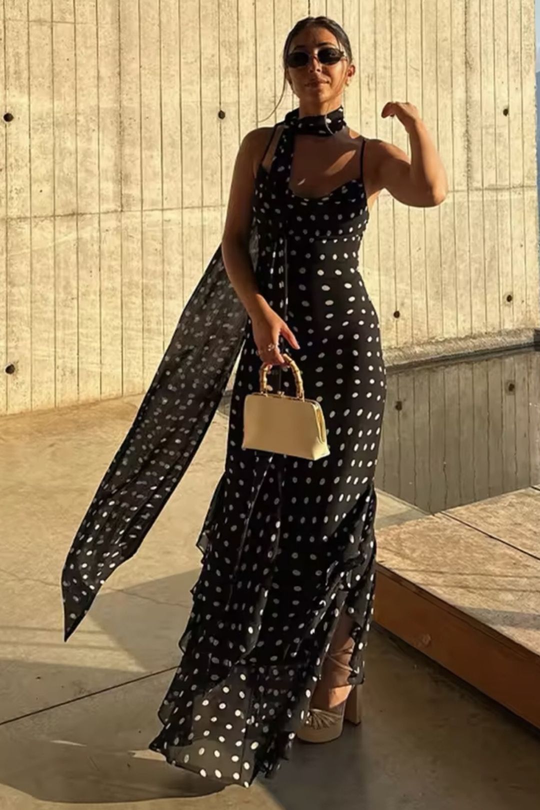 Hottest Polka Dot Scarf-trimmed Dress With Ruffles