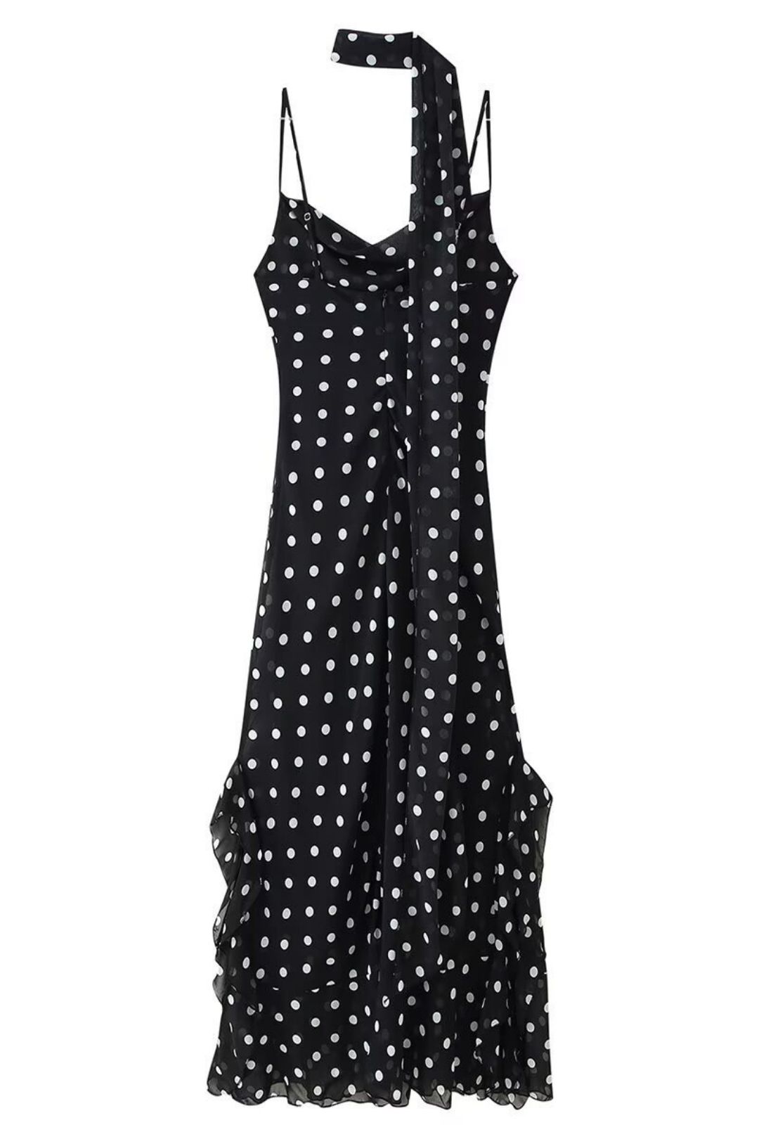 Hottest Polka Dot Scarf-trimmed Dress With Ruffles