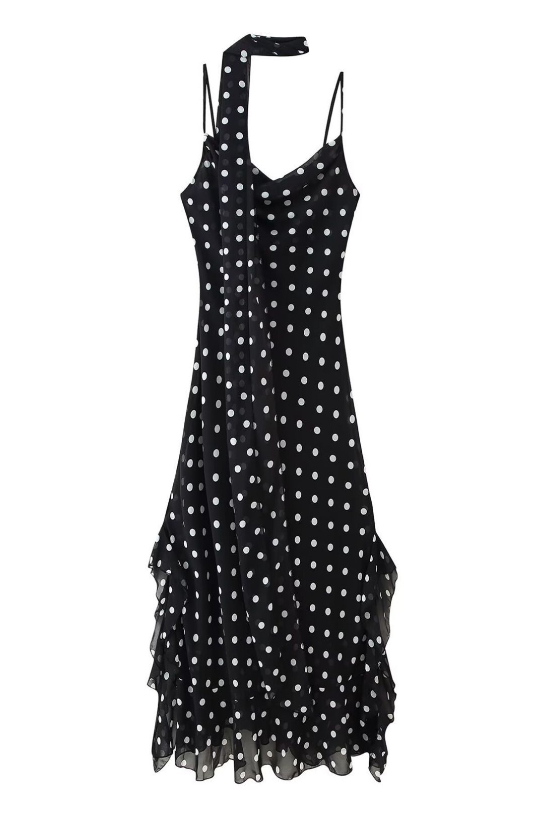 Hottest Polka Dot Scarf-trimmed Dress With Ruffles