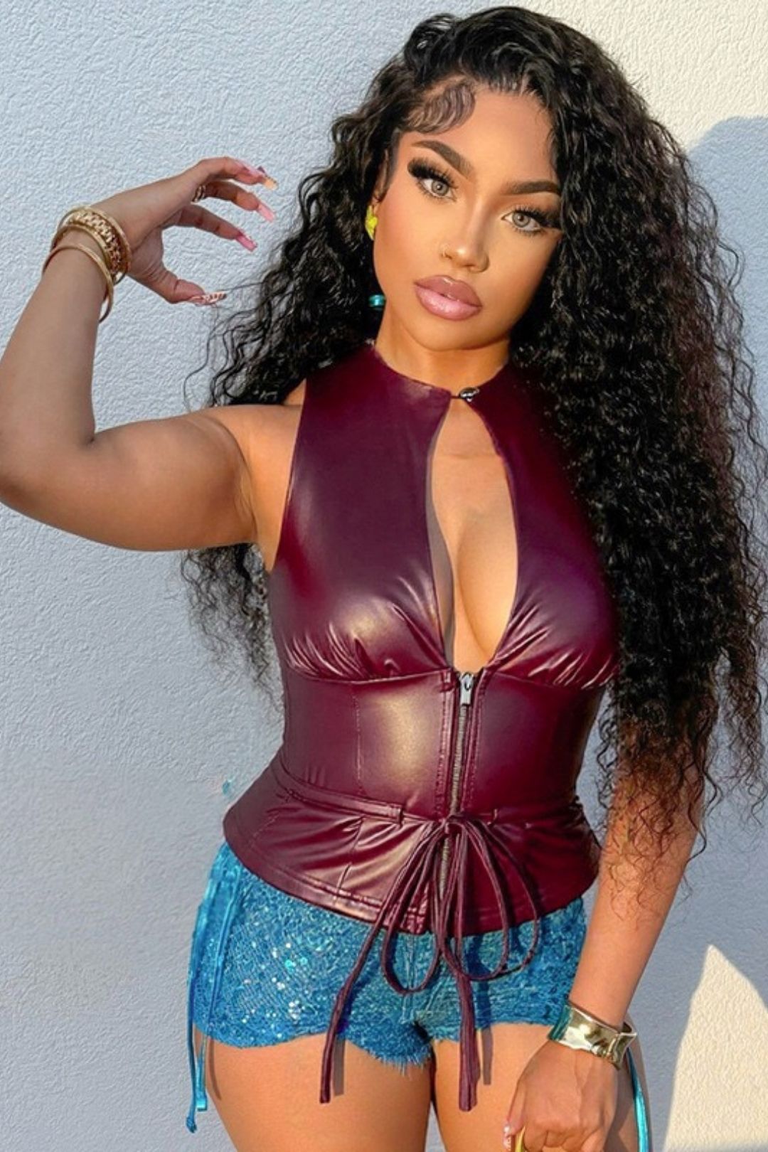 Sexy Faux PU Leather Hollowed-out Round Neck Sleeveless Zipper Tie Top