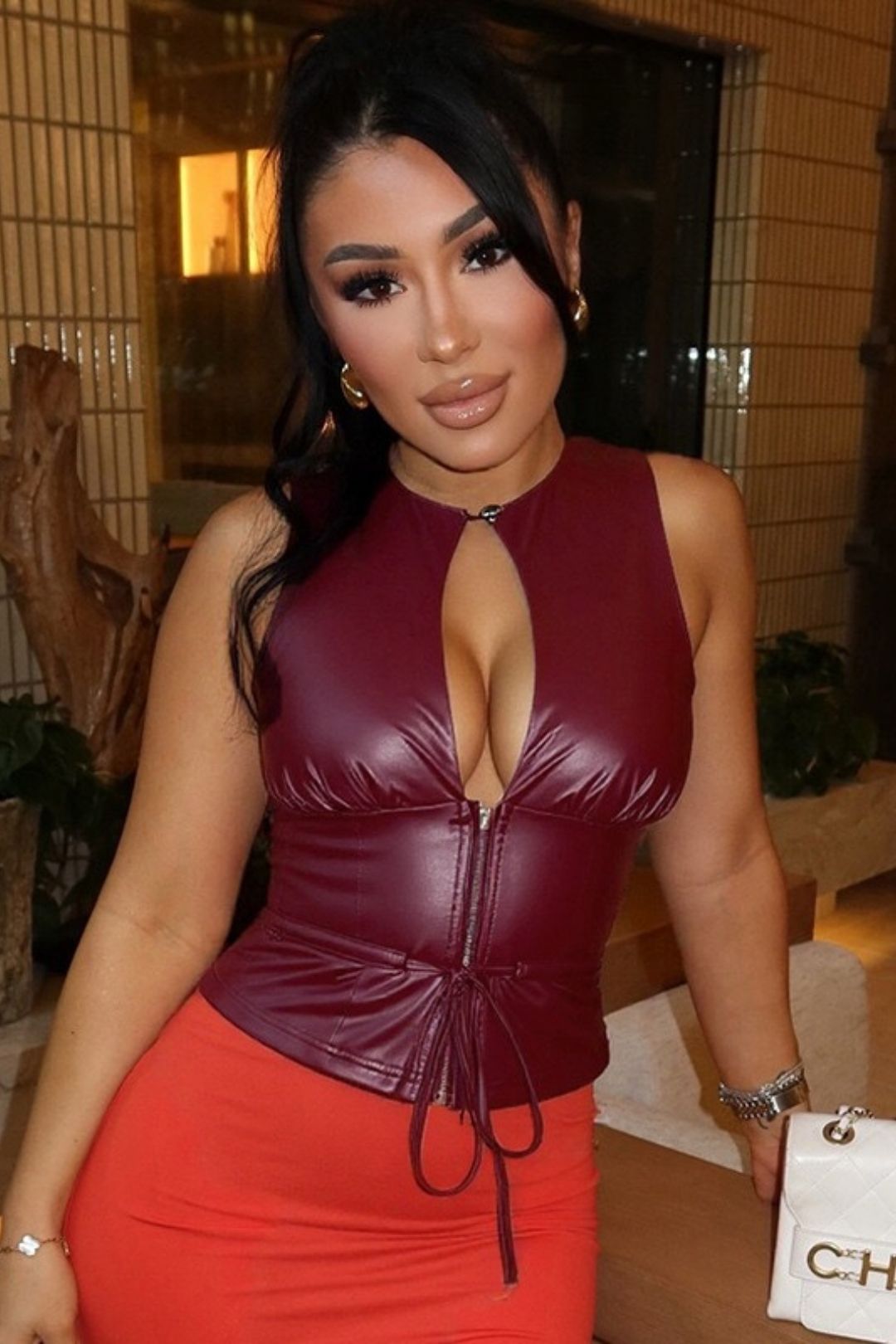 Sexy Faux PU Leather Hollowed-out Round Neck Sleeveless Zipper Tie Top