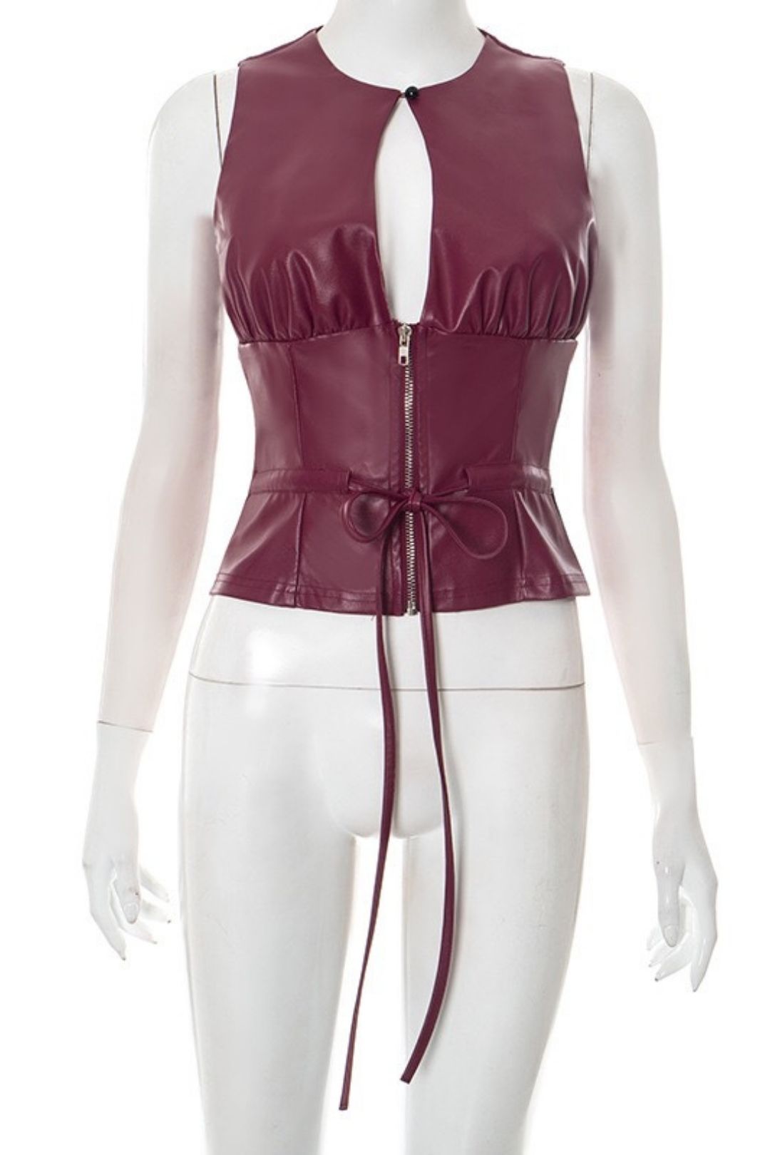 Sexy Faux PU Leather Hollowed-out Round Neck Sleeveless Zipper Tie Top