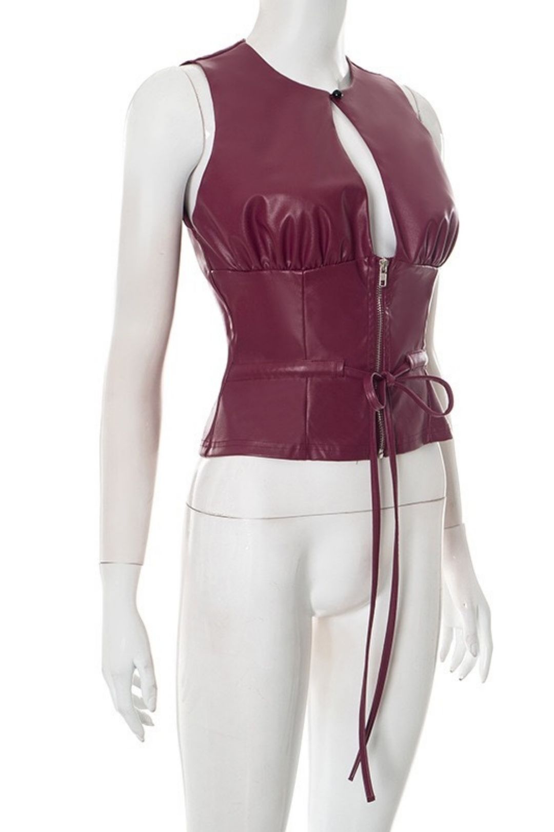 Sexy Faux PU Leather Hollowed-out Round Neck Sleeveless Zipper Tie Top