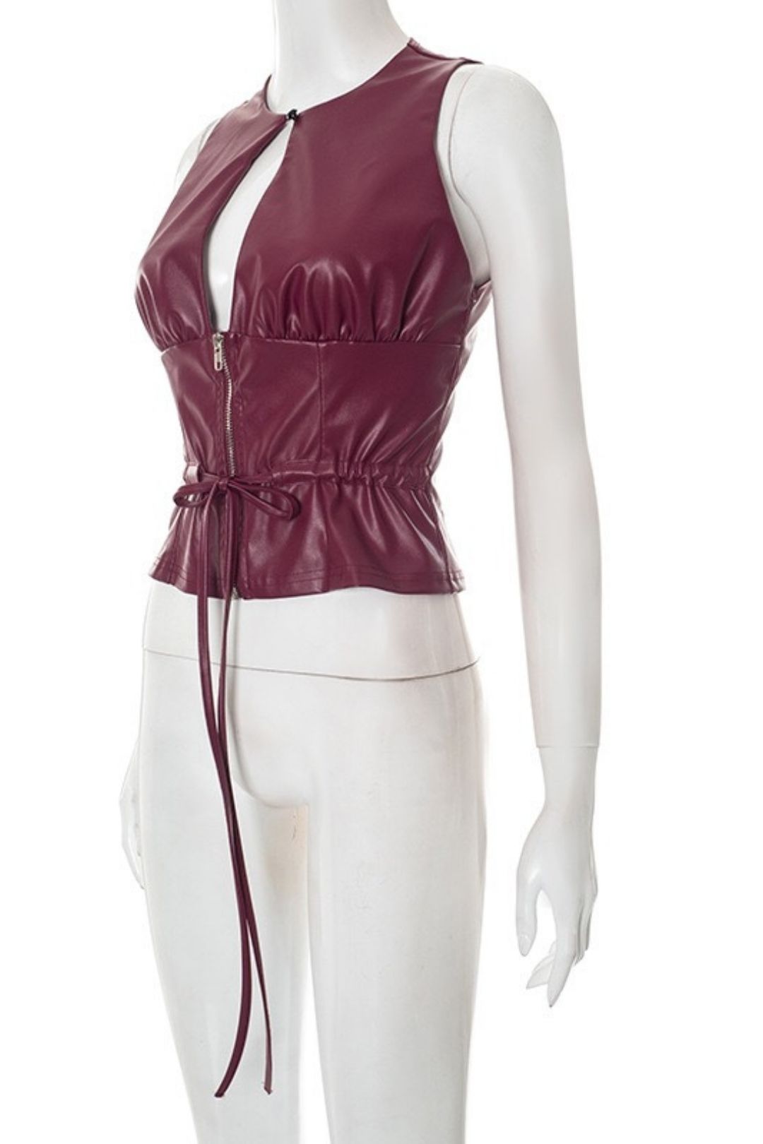 Sexy Faux PU Leather Hollowed-out Round Neck Sleeveless Zipper Tie Top