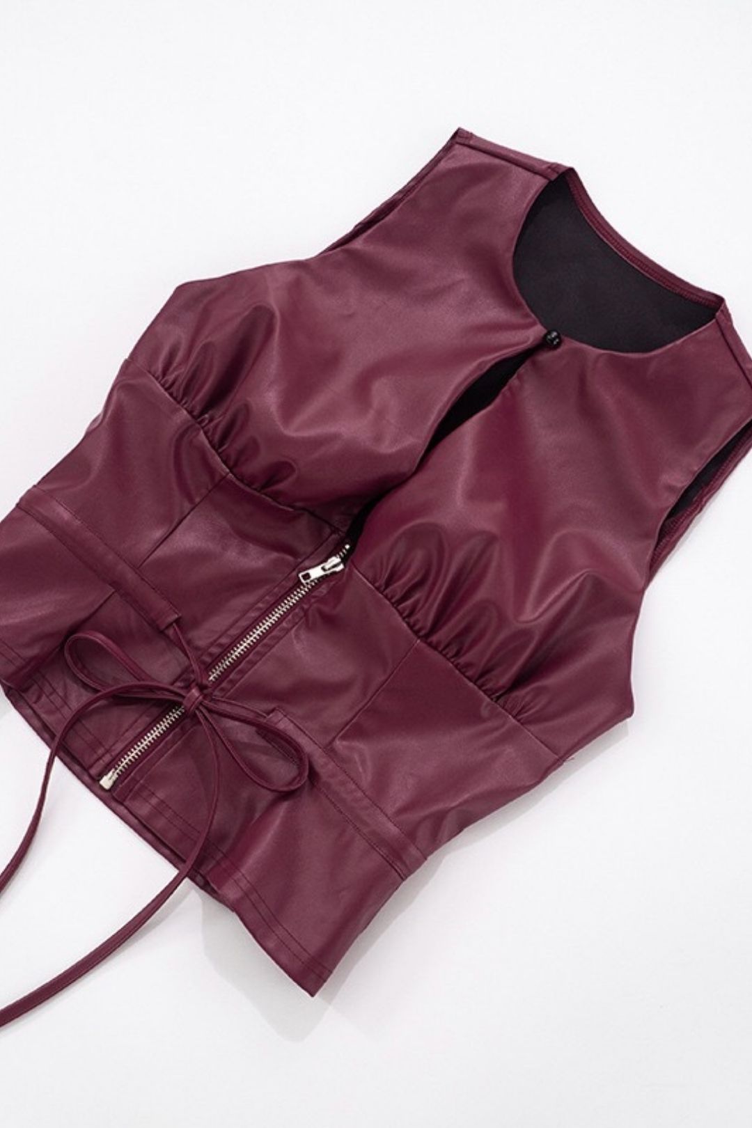 Sexy Faux PU Leather Hollowed-out Round Neck Sleeveless Zipper Tie Top