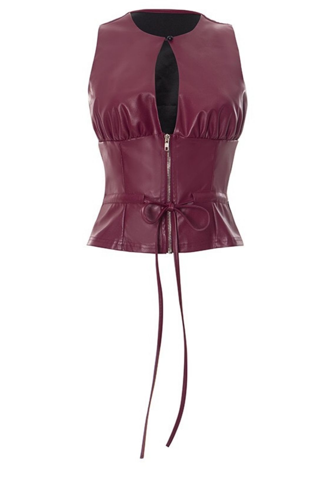 Sexy Faux PU Leather Hollowed-out Round Neck Sleeveless Zipper Tie Top