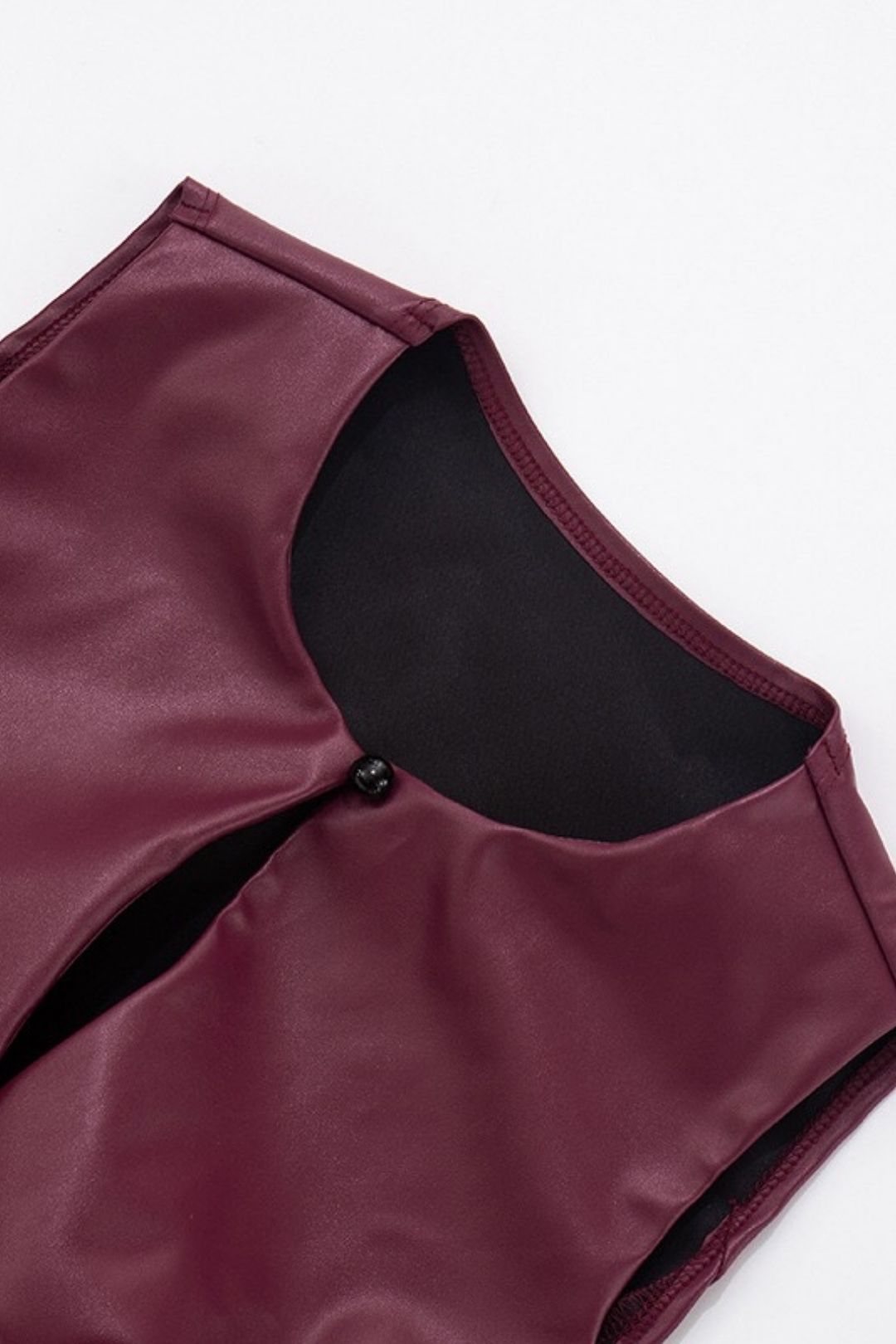 Sexy Faux PU Leather Hollowed-out Round Neck Sleeveless Zipper Tie Top