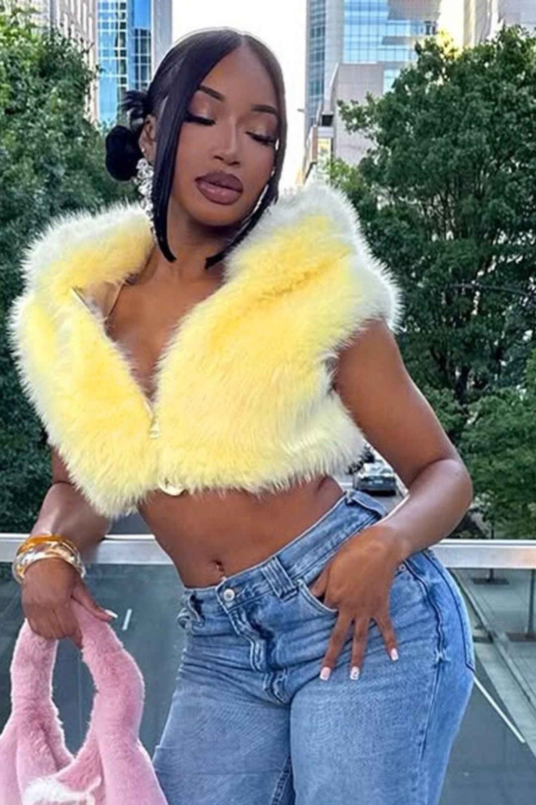 Solid Color Fur Zip-up Hooded Sleeveless Crop Top Short Jacket