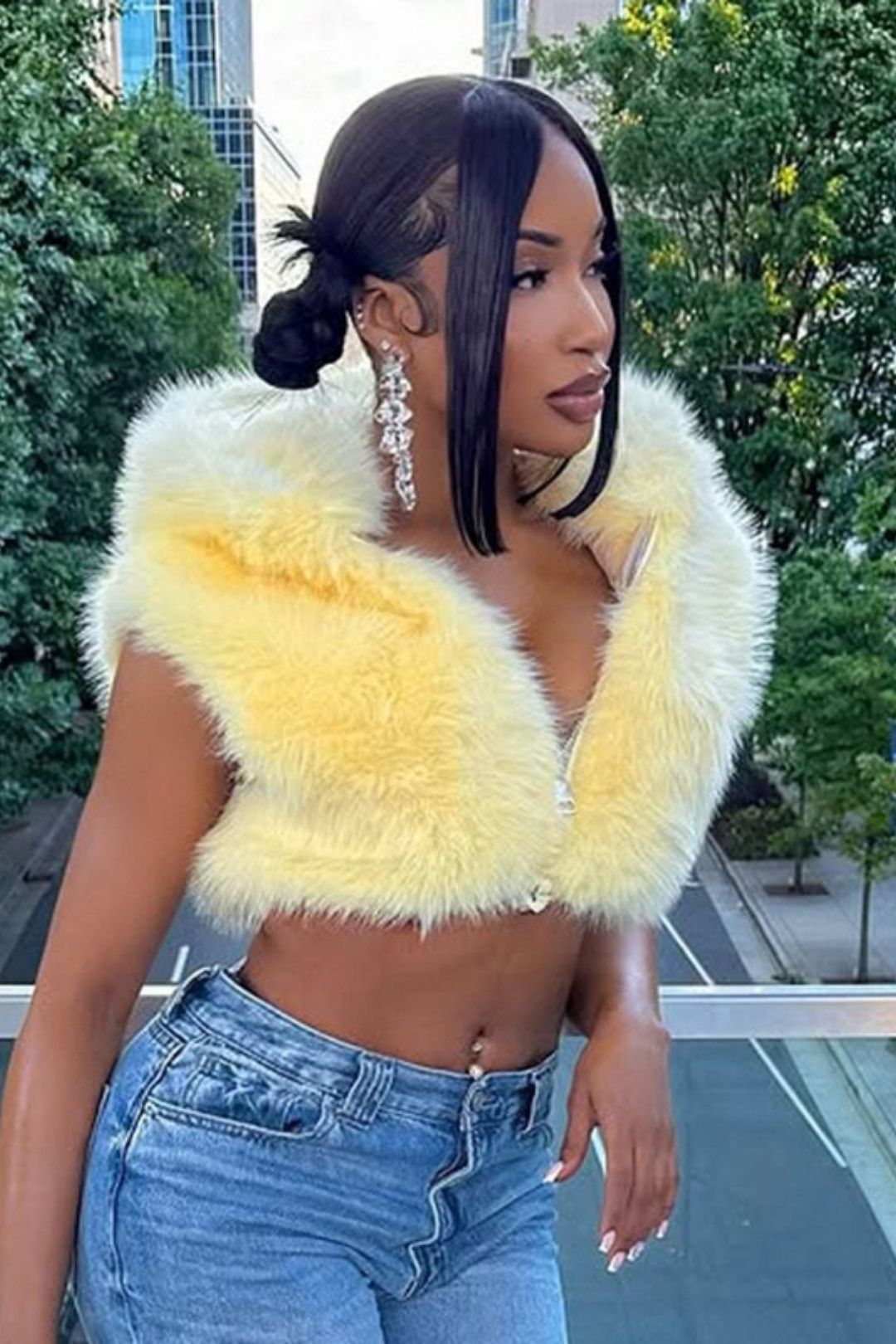 Solid Color Fur Zip-up Hooded Sleeveless Crop Top Short Jacket