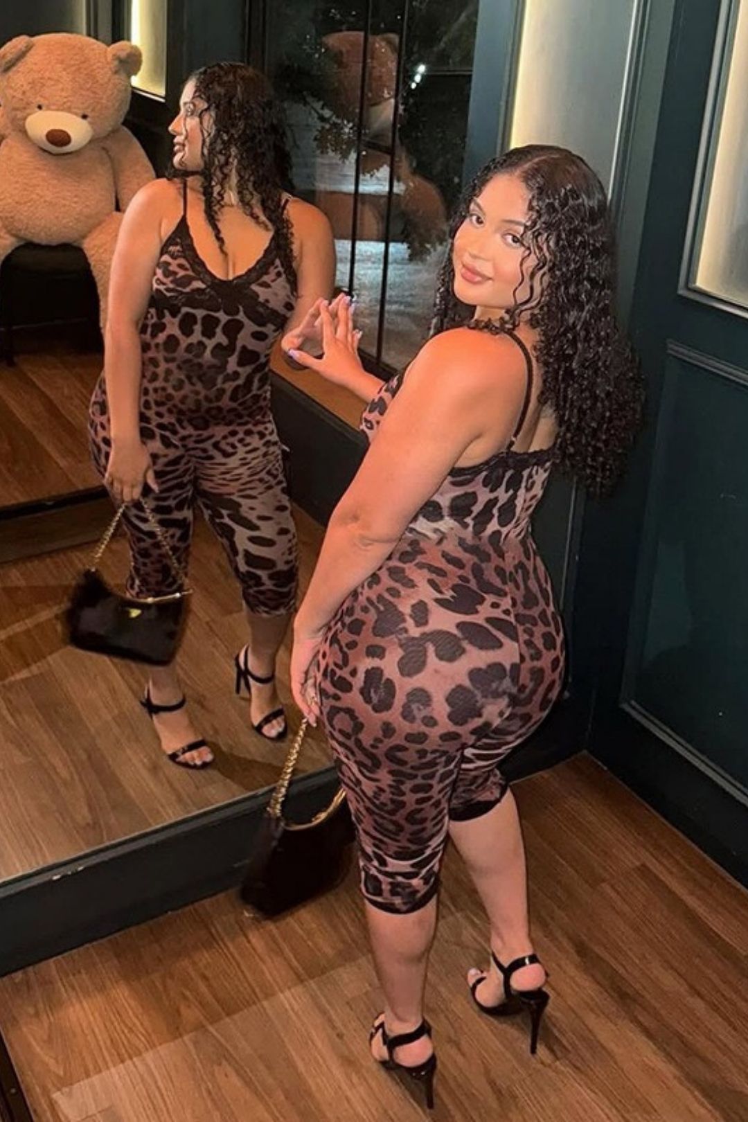 Leopard Print Lace Trim Suspender Fitted Jumpsuit