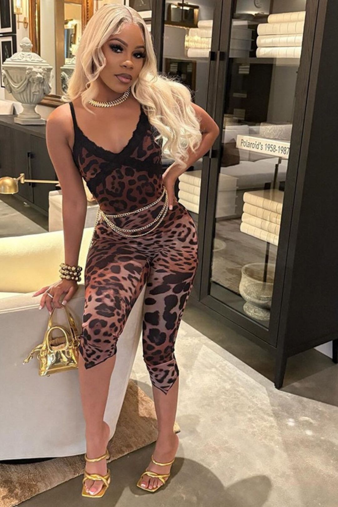 Leopard Print Lace Trim Suspender Fitted Jumpsuit