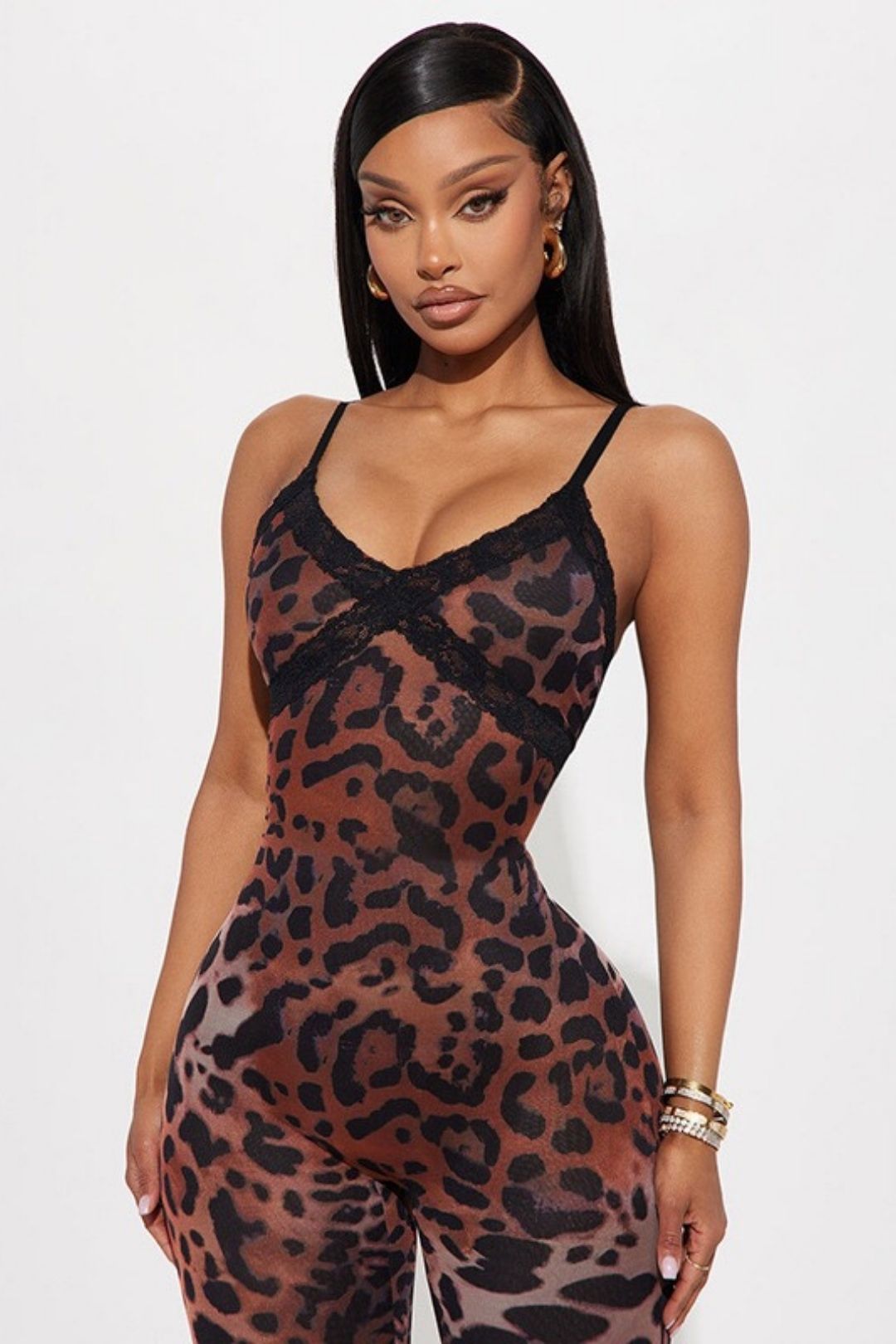 Leopard Print Lace Trim Suspender Fitted Jumpsuit