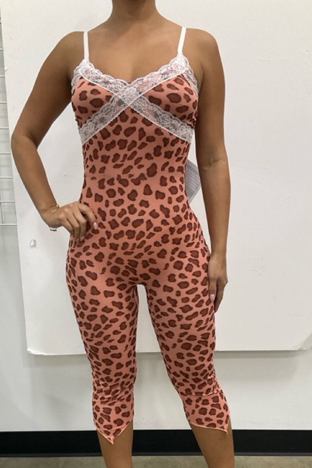 Leopard Print Lace Trim Suspender Fitted Jumpsuit