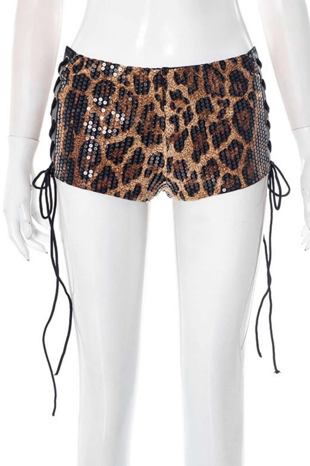 Sexy Slimming Leopard Print Sequin Eyelet Tie-Waist Tight Shorts