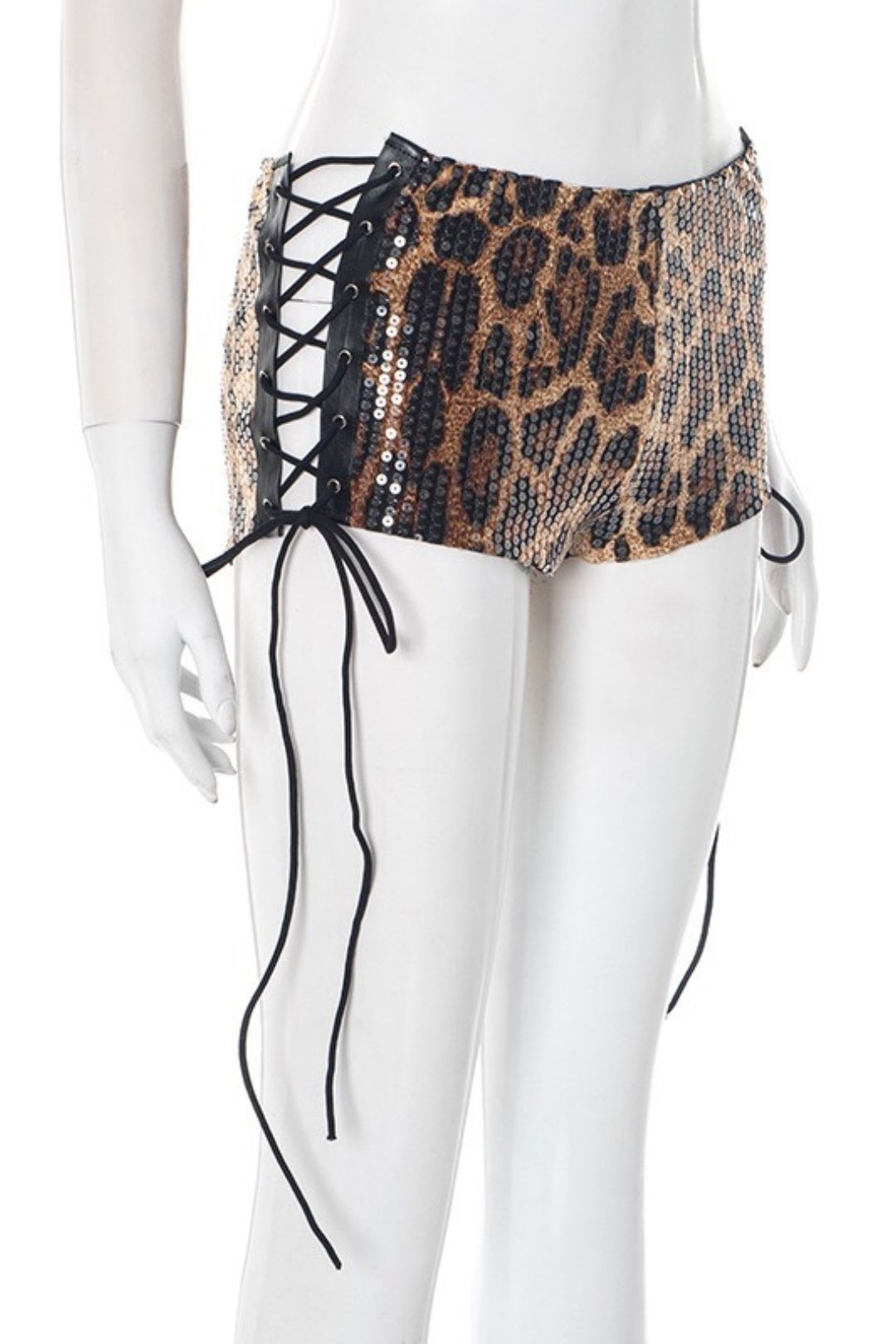 Sexy Slimming Leopard Print Sequin Eyelet Tie-Waist Tight Shorts