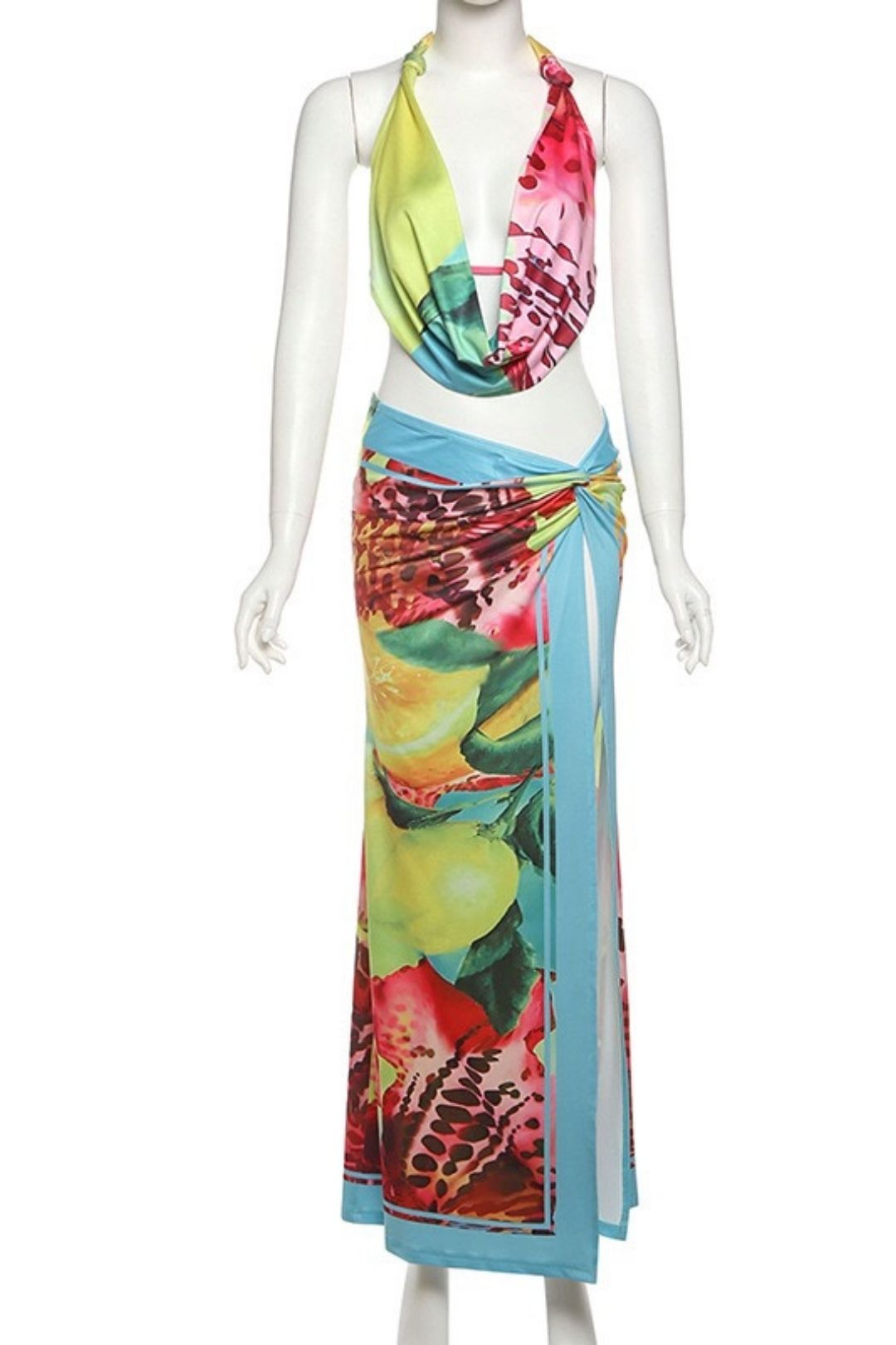 Sexy Halter Neck Backless Top And Slit Skirt Set