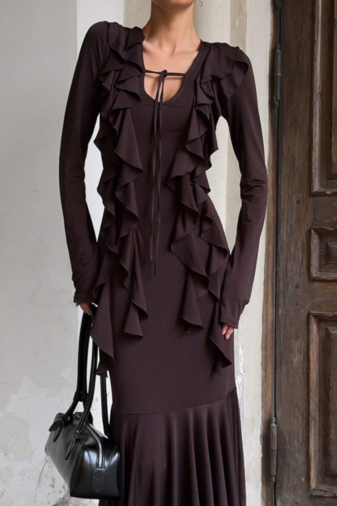 Elegant Slim-fit Hip-hugging Ruffle Long Sleeve Dress