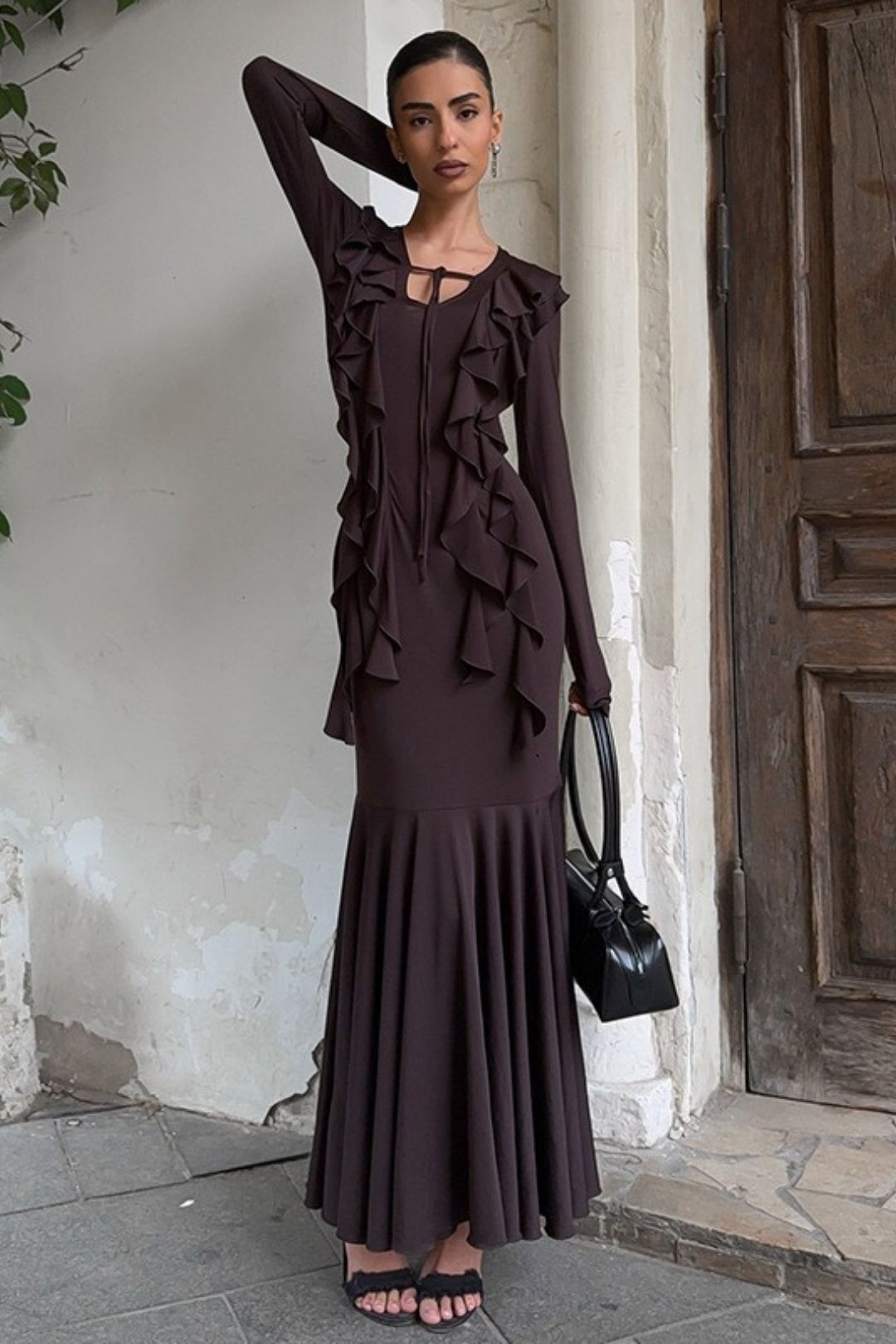 Elegant Slim-fit Hip-hugging Ruffle Long Sleeve Dress
