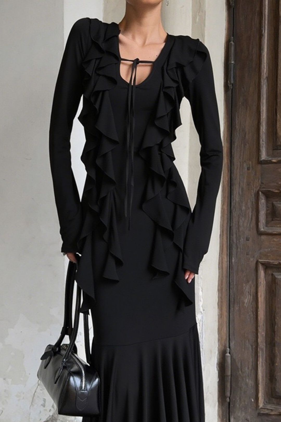 Elegant Slim-fit Hip-hugging Ruffle Long Sleeve Dress