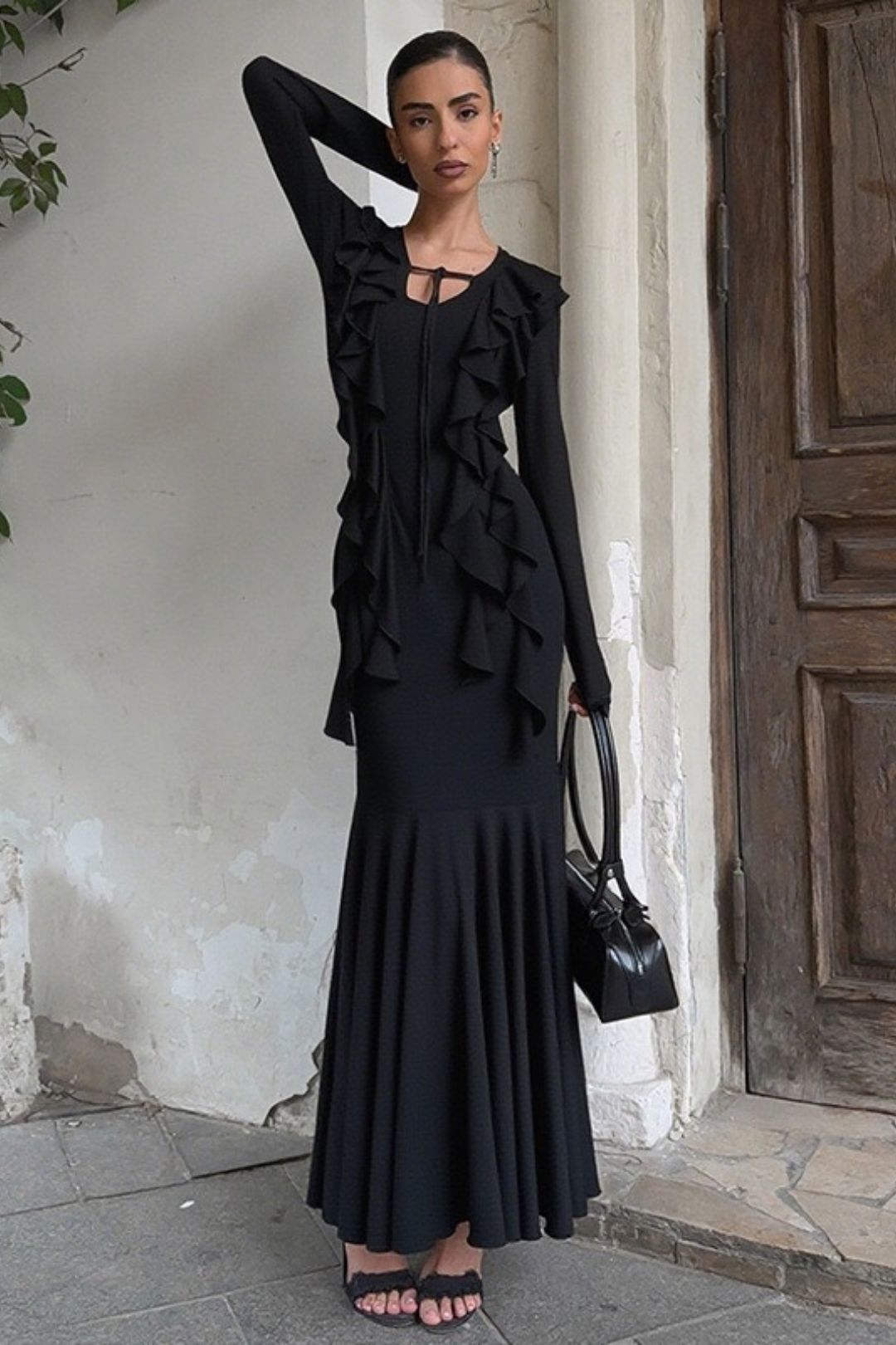 Elegant Slim-fit Hip-hugging Ruffle Long Sleeve Dress
