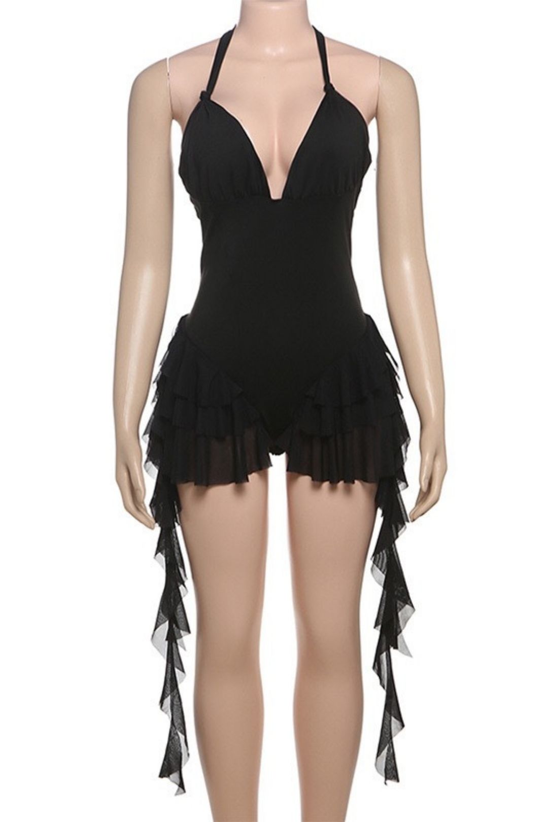 Sexy Hot Girl Deep V Neck Halter Neck Backless Ruffled  Bodysuit