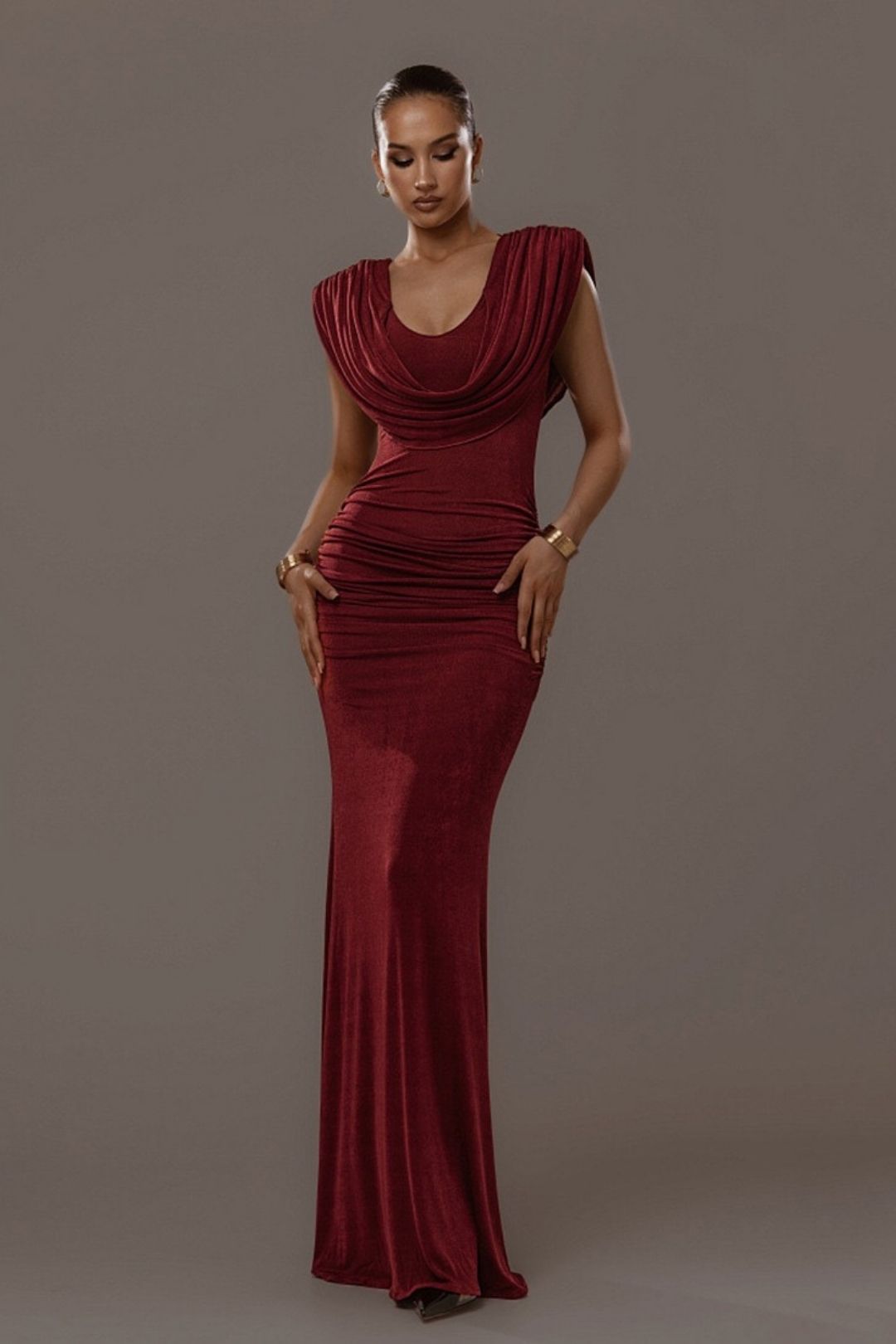 Elegant And Graceful Waist-cinching Pleated Design Draped Neck Solid Color Dress