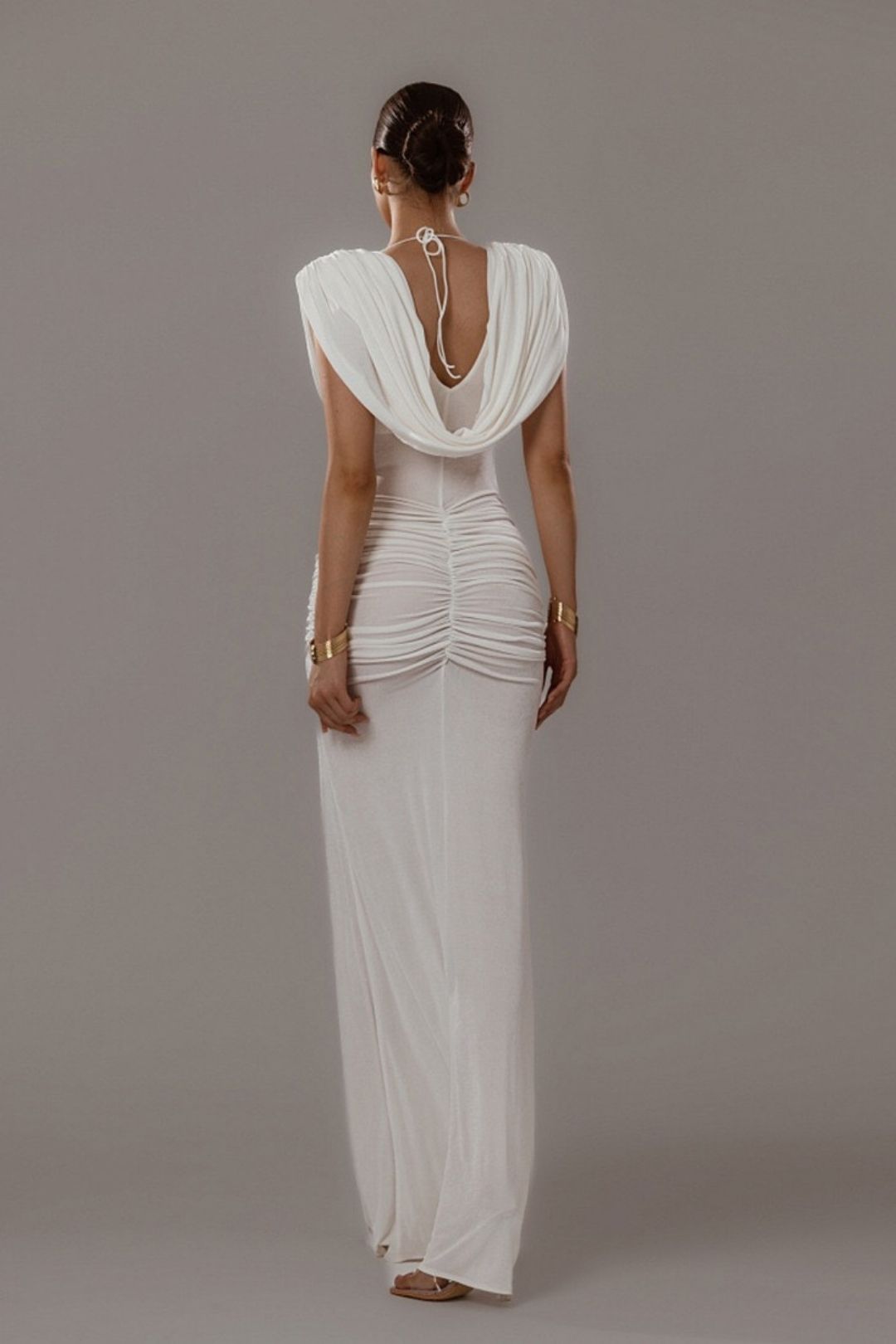 Elegant And Graceful Waist-cinching Pleated Design Draped Neck Solid Color Dress
