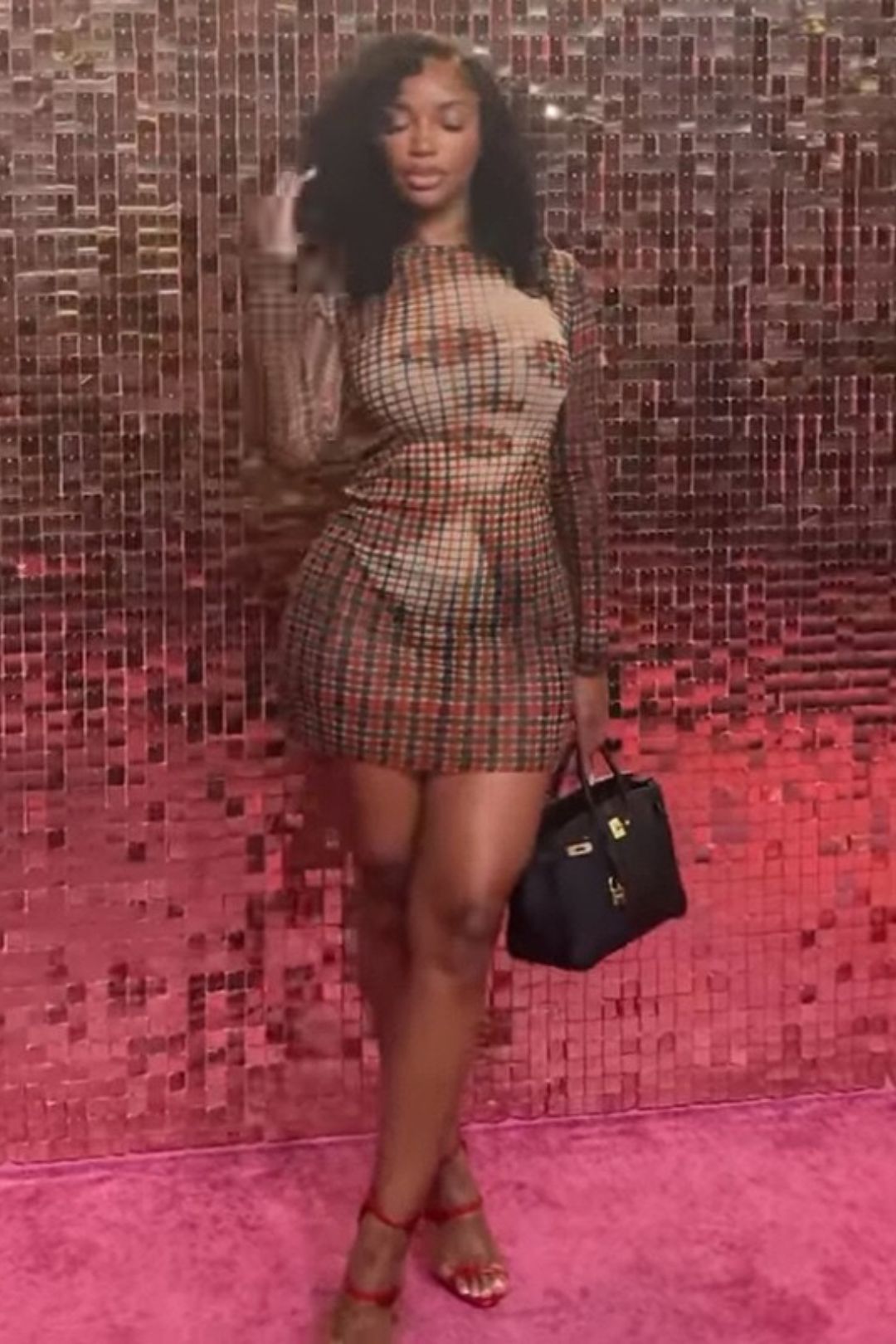 Slim-fit Printed Plaid Long-sleeved Bodycon Short Skirt,