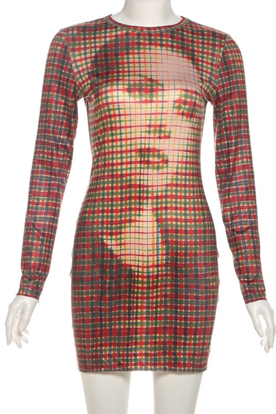 Slim-fit Printed Plaid Long-sleeved Bodycon Short Skirt,
