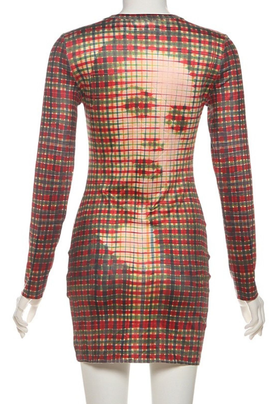 Slim-fit Printed Plaid Long-sleeved Bodycon Short Skirt,