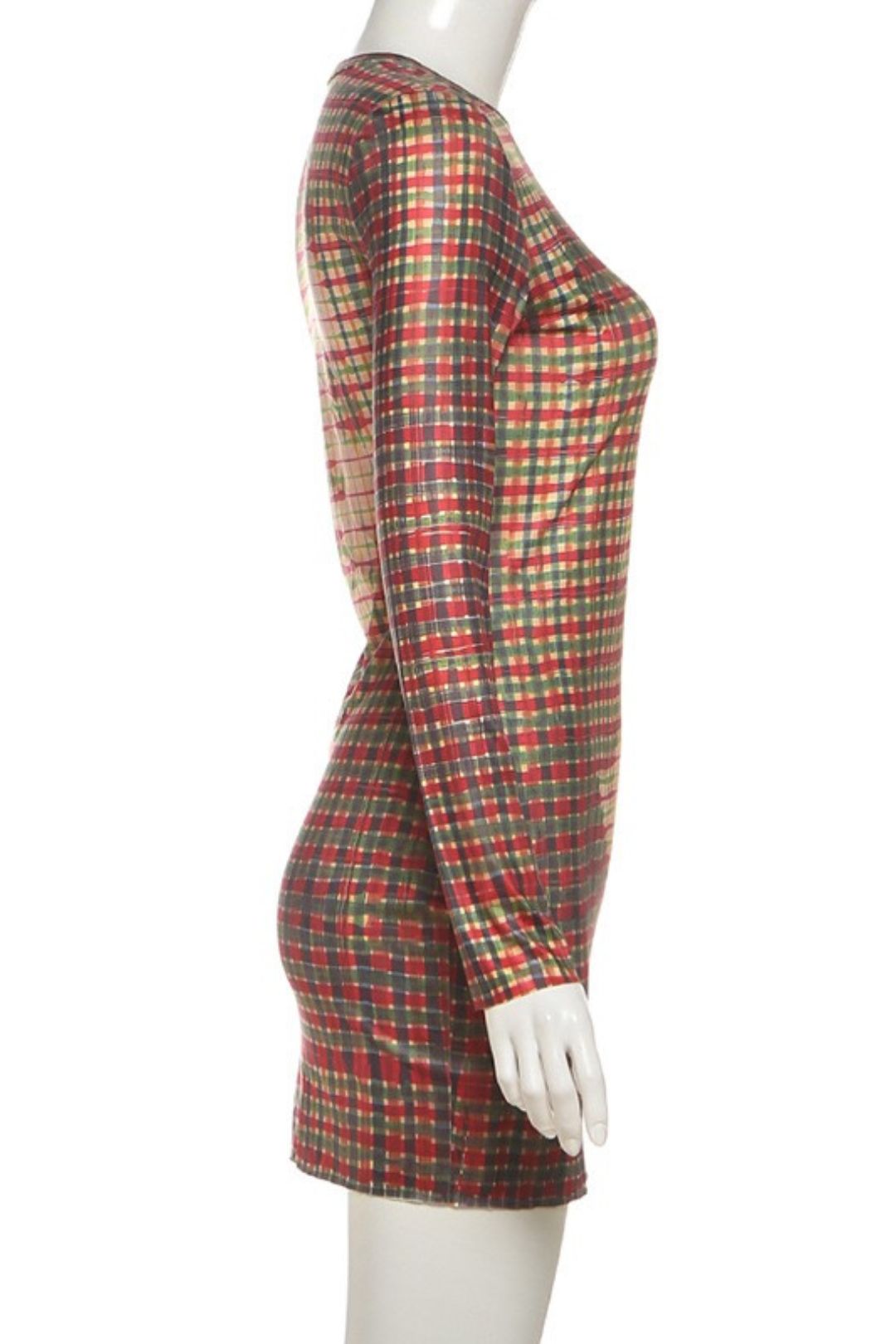 Slim-fit Printed Plaid Long-sleeved Bodycon Short Skirt,