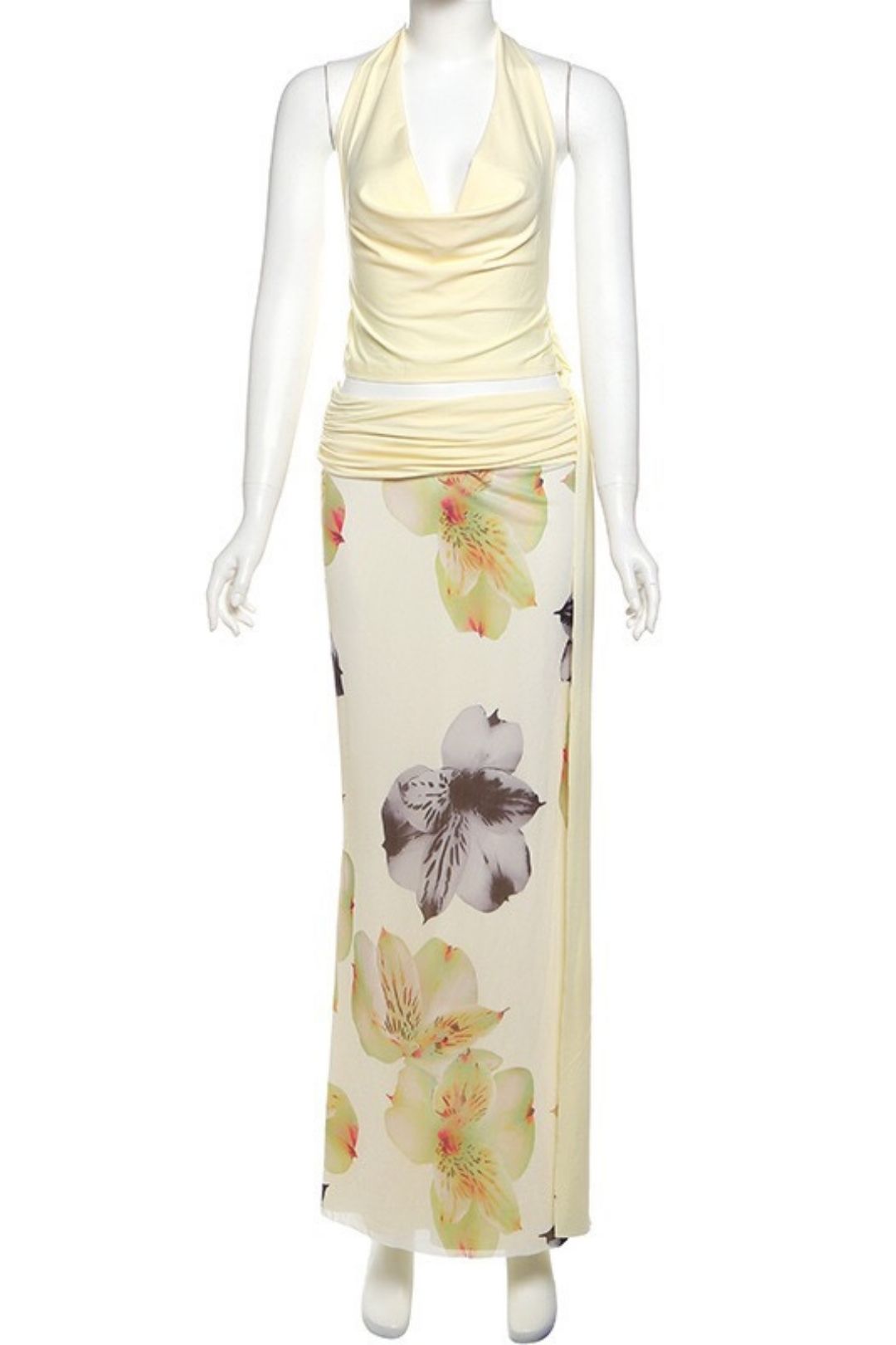 Sexy Backless Halter Neck Top, Slim-fit Printed Long Skirt Three-piece Set