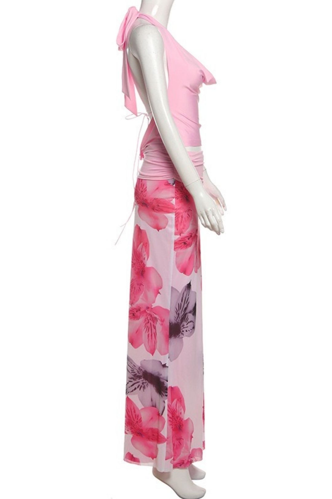 Sexy Backless Halter Neck Top, Slim-fit Printed Long Skirt Three-piece Set