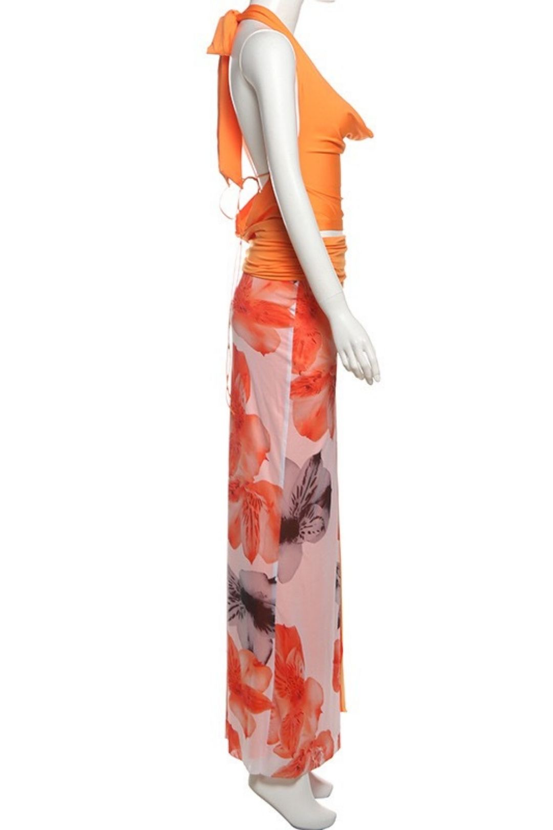 Sexy Backless Halter Neck Top, Slim-fit Printed Long Skirt Three-piece Set