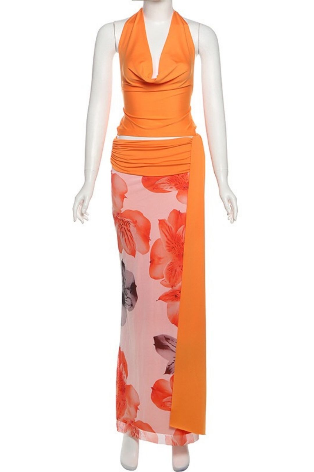 Sexy Backless Halter Neck Top, Slim-fit Printed Long Skirt Three-piece Set