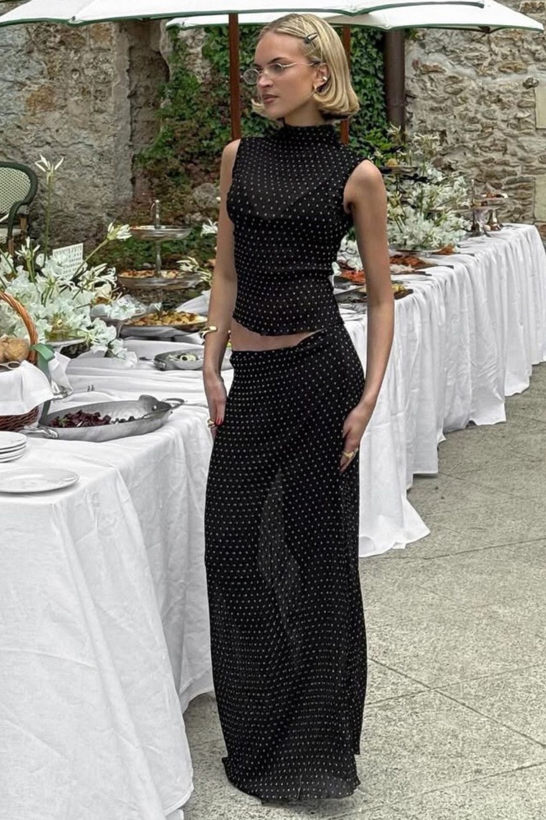 Elegant Retro Polka Dot Sleeveless Top And Long Skirt Set