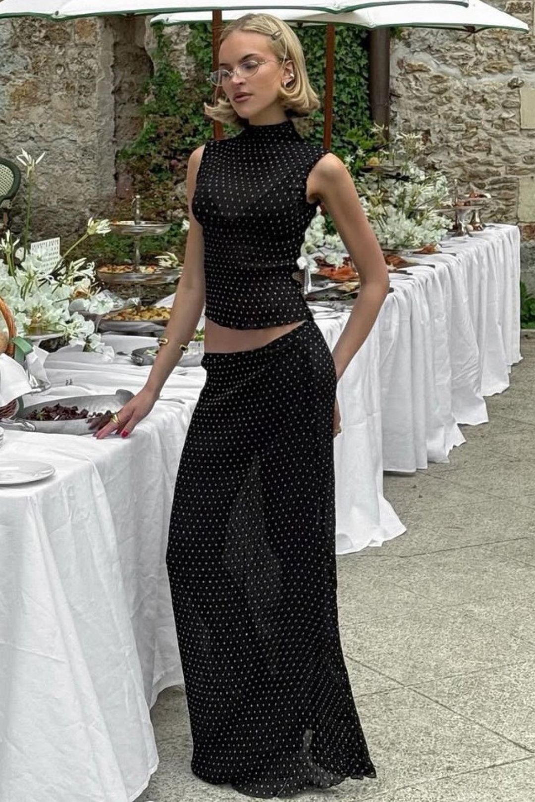 Elegant Retro Polka Dot Sleeveless Top And Long Skirt Set