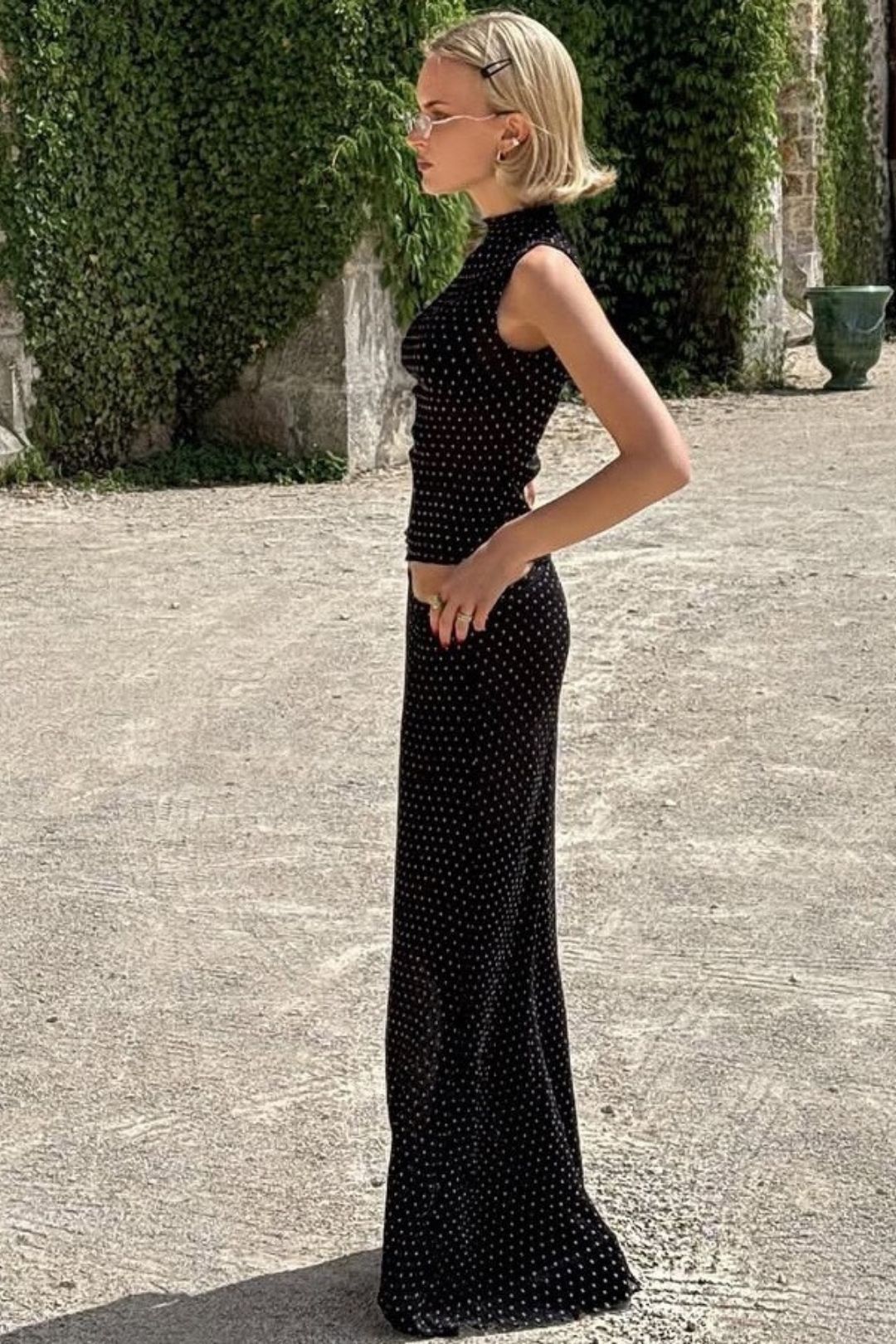 Elegant Retro Polka Dot Sleeveless Top And Long Skirt Set