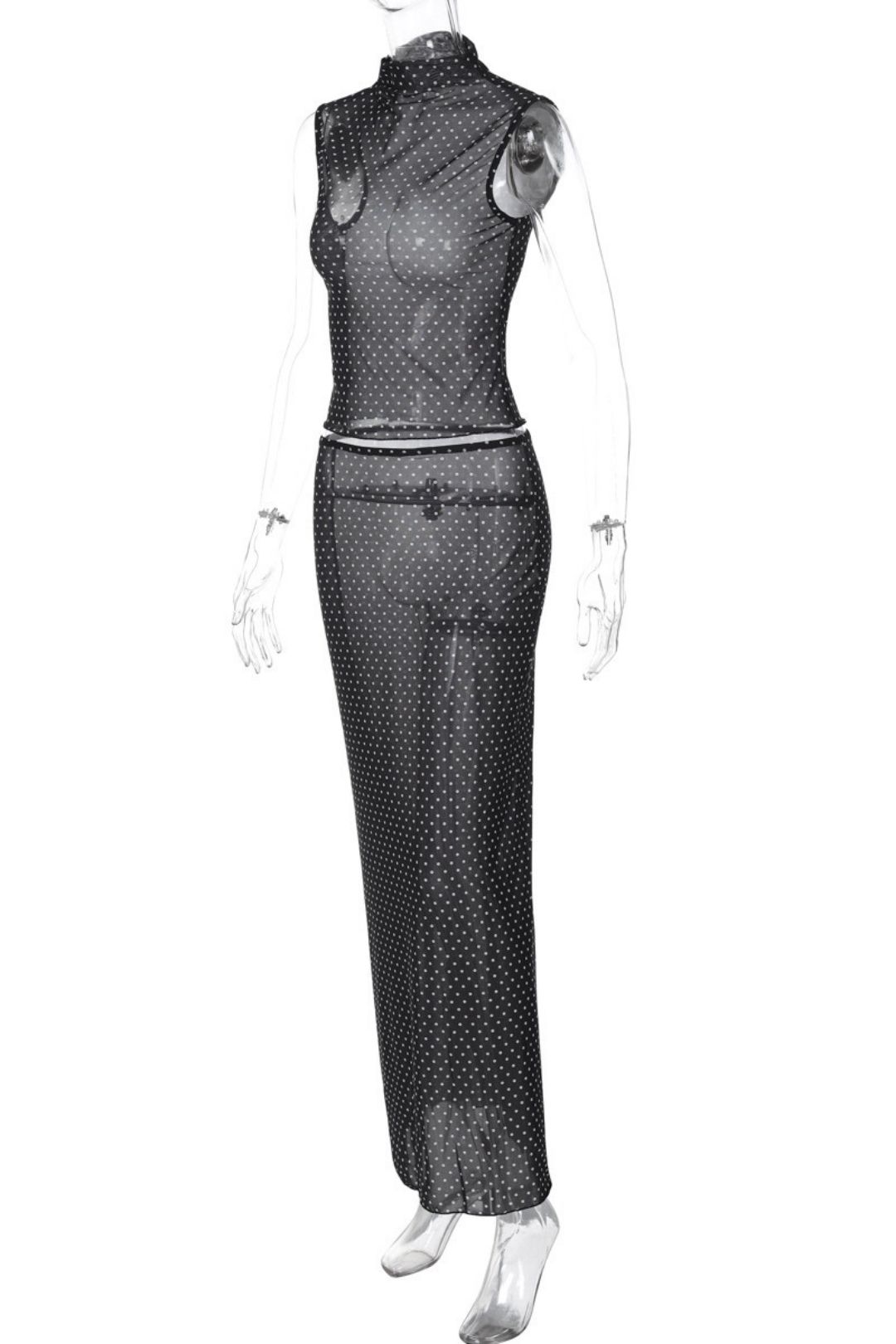 Elegant Retro Polka Dot Sleeveless Top And Long Skirt Set