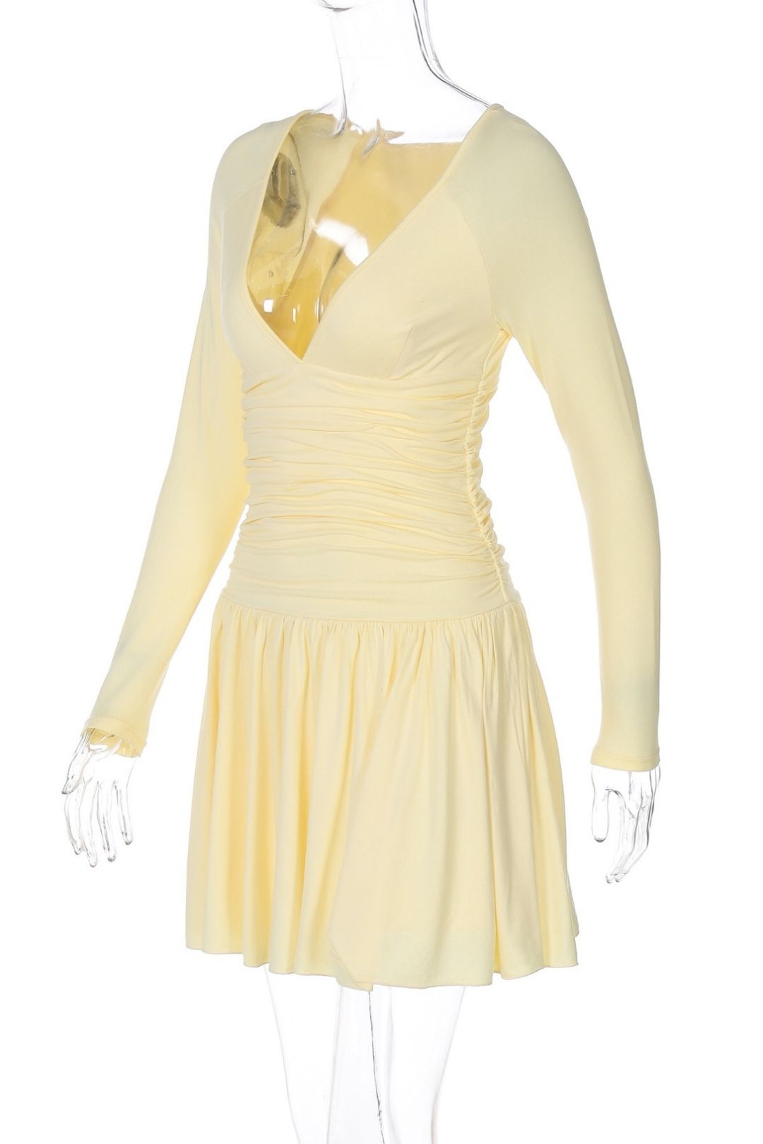 Sexy V-neck Solid Color Fresh Style Slim Fit Short Princess Long Sleeve Dress