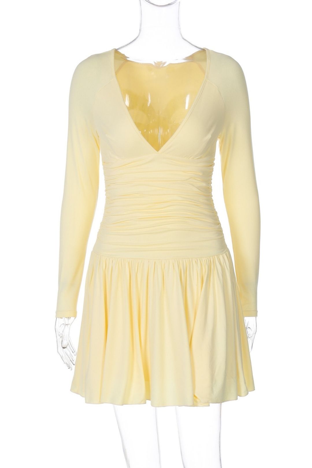 Sexy V-neck Solid Color Fresh Style Slim Fit Short Princess Long Sleeve Dress