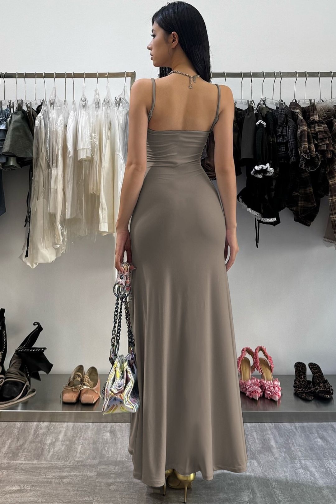 High-Waisted Slim-Fit Backless Spaghetti Strap Dress