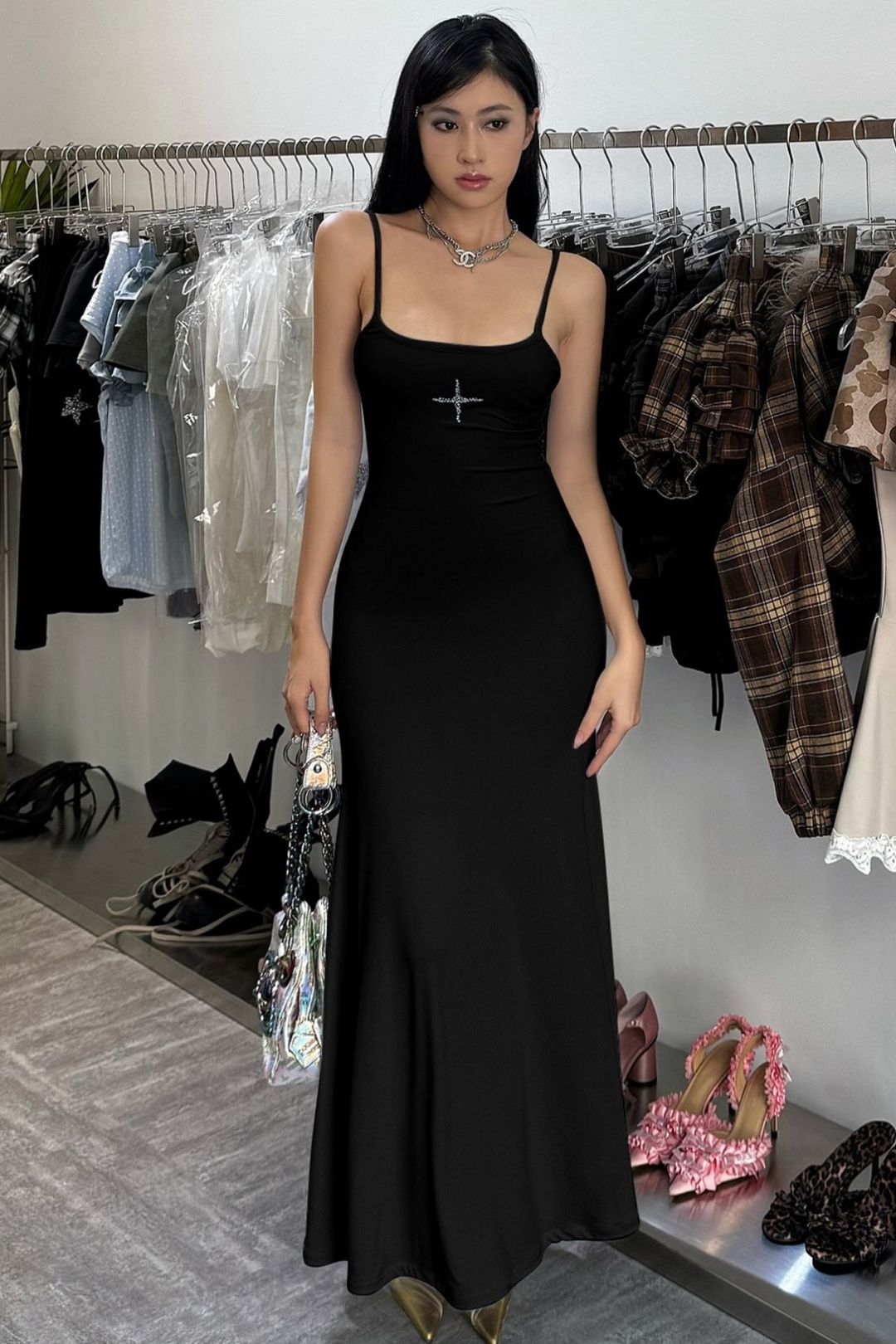 High-Waisted Slim-Fit Backless Spaghetti Strap Dress