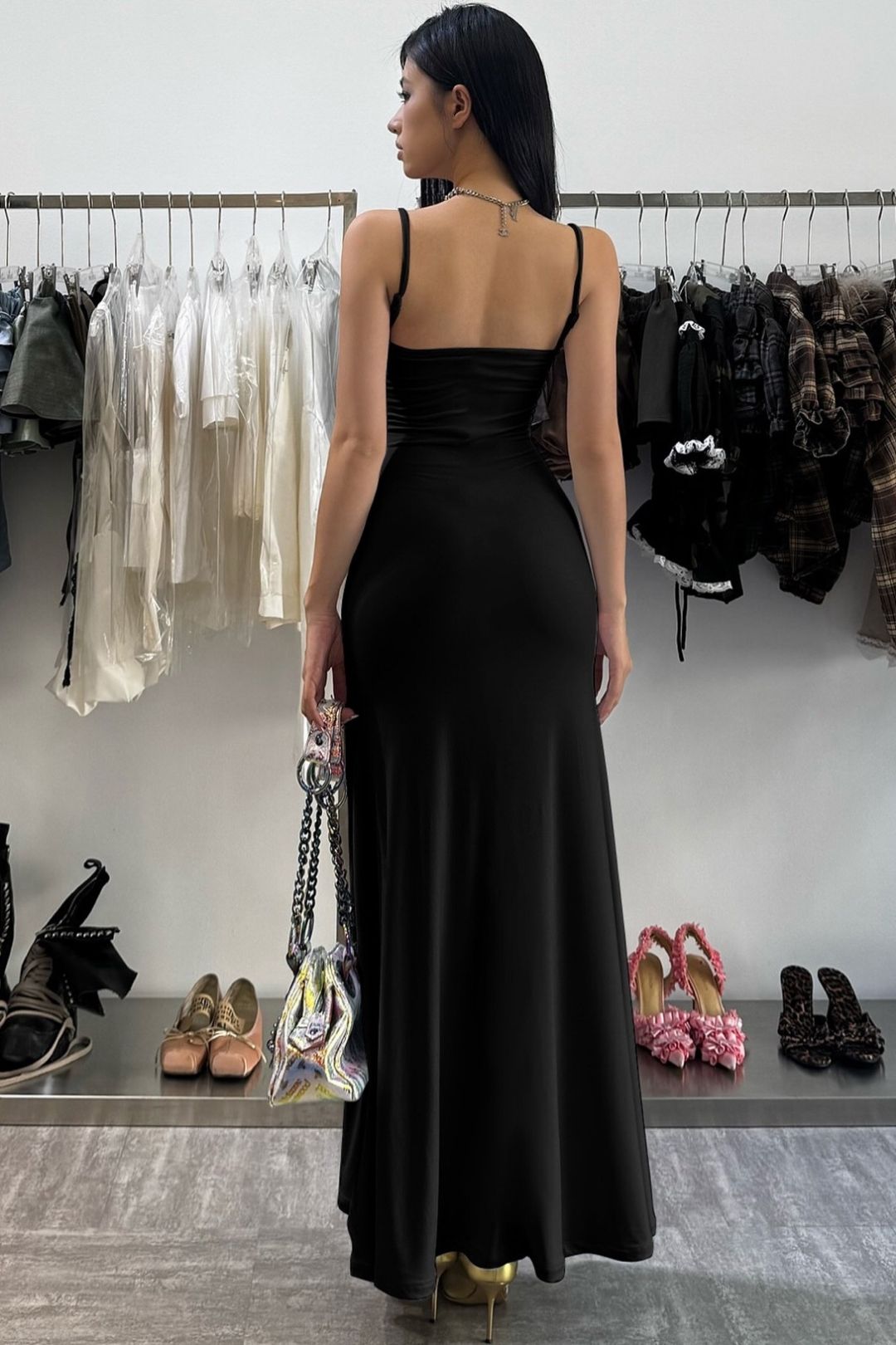 High-Waisted Slim-Fit Backless Spaghetti Strap Dress