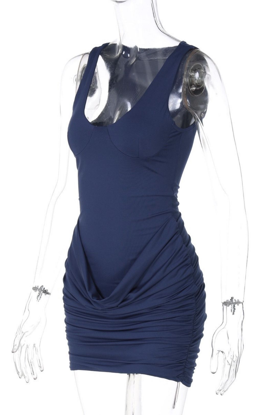 Sexy Hot Girl U-neck Solid Color Sleeveless Tight-fitting Pleated Bodycon Dress