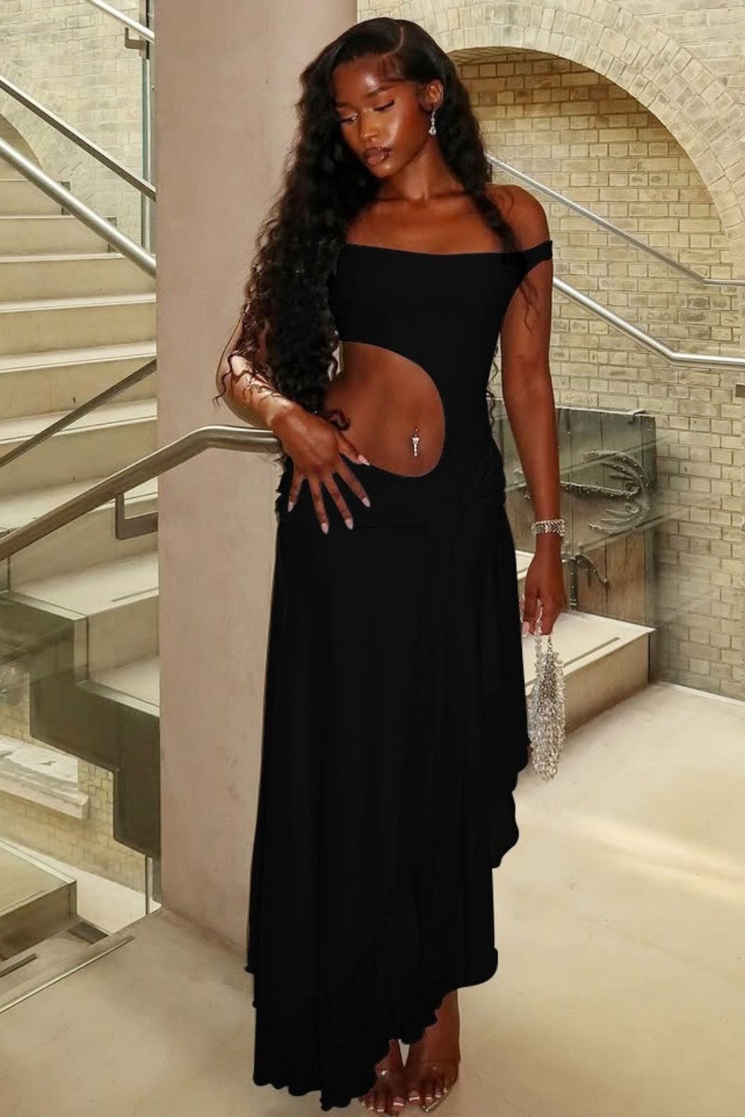 Sexy Mesh Patchwork Off-shoulder Hollowed-out Slim-fit Dress