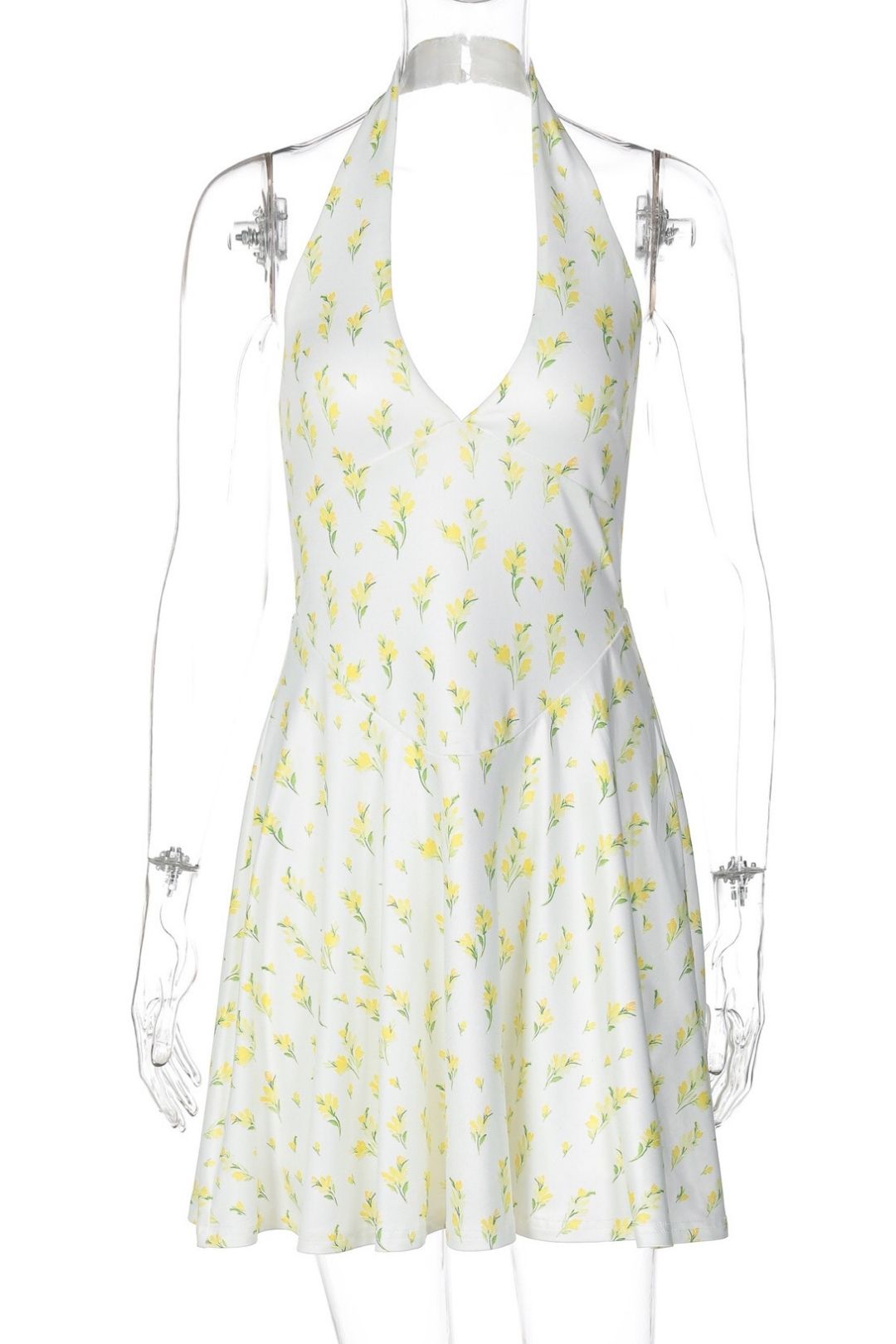 Print Chiffon Halter Neck V-Neck Backless Short Dress