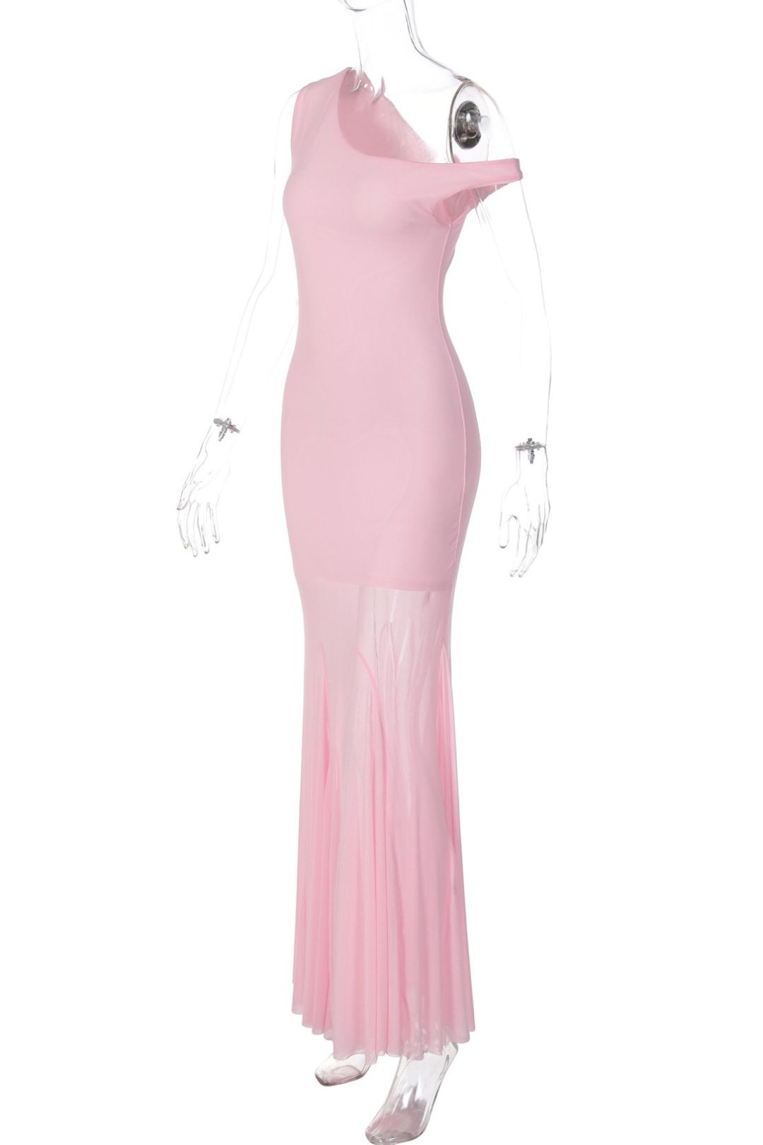 Sexy Hot Girl Off-Shoulder Pleated Mesh Patchwork See-Through Dress