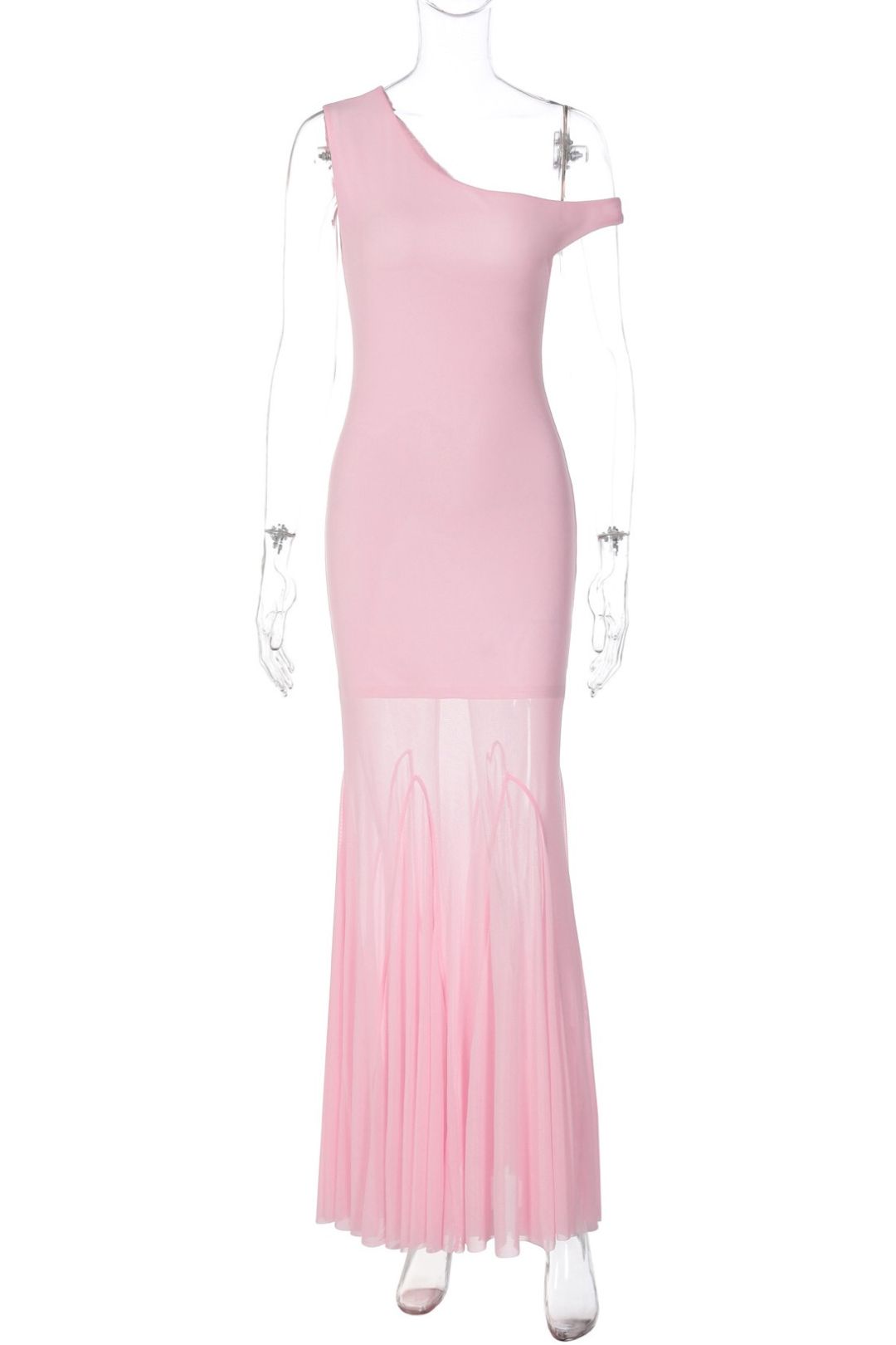 Sexy Hot Girl Off-Shoulder Pleated Mesh Patchwork See-Through Dress